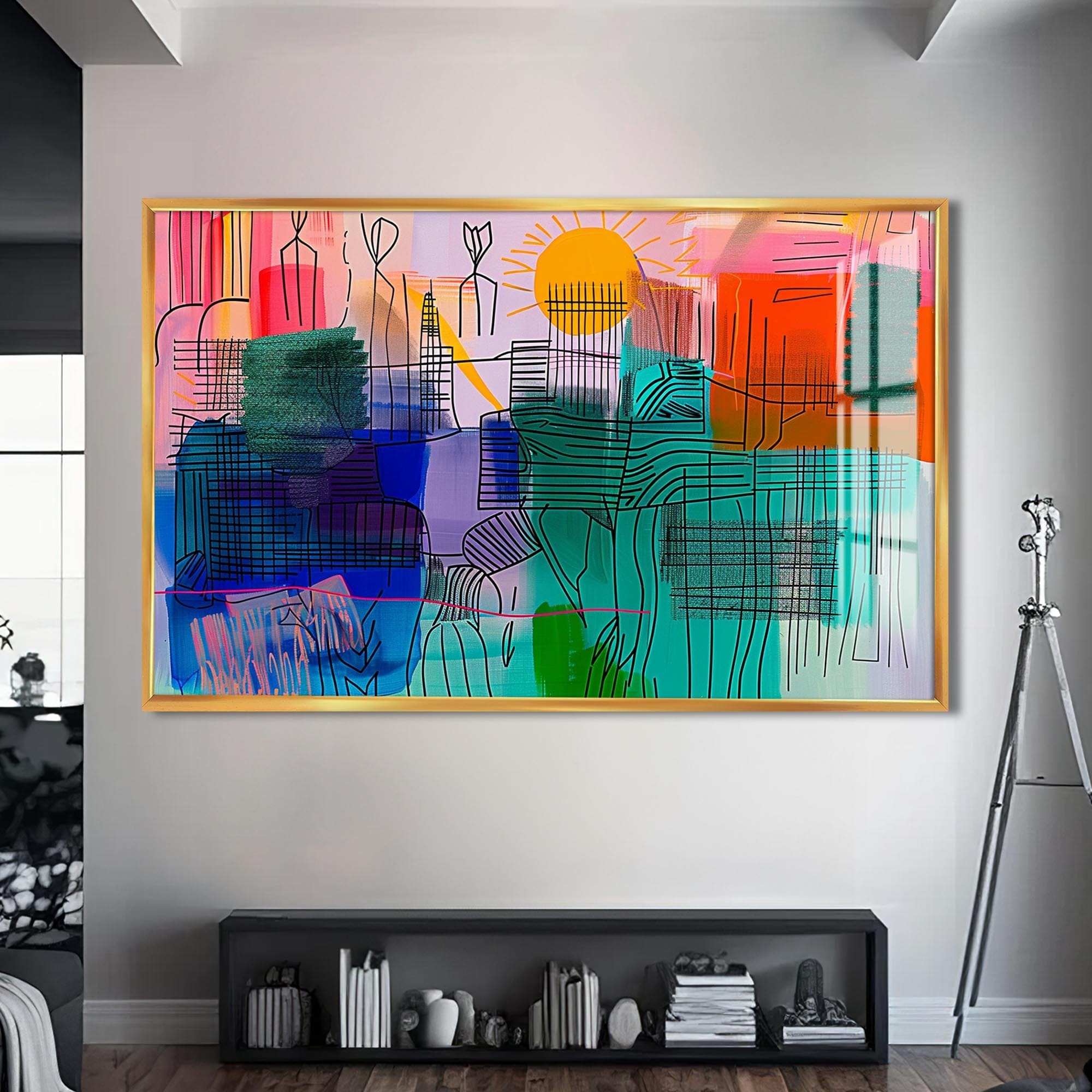 Artronauts Glass Print S | 72x46 cm | 28.3"x18.1" / Gold Sunlit City Lines – Abstract Tempered Glass Wall Art