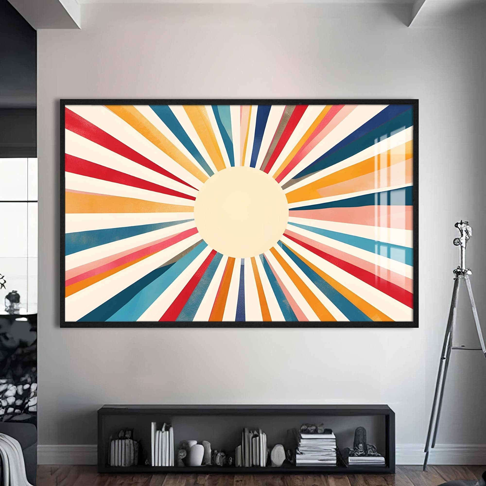 Artronauts Glass Print S | 72x46 cm | 28.3"x18.1" / Black Soft Sunburst Pastel- Abstract Tempered Glass Wall Art