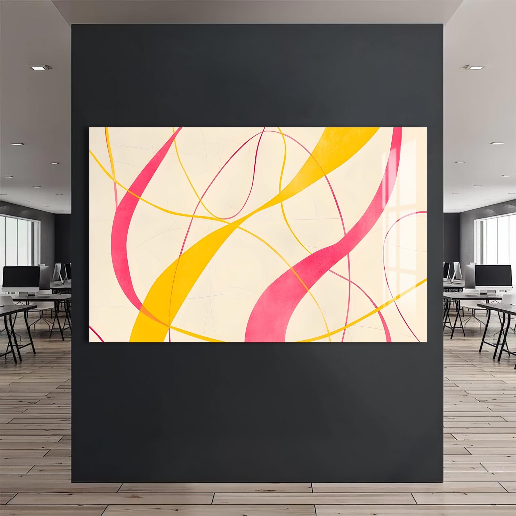 Artronauts Glass Print Yellow & Pink Flow Lines- Abstract Tempered Glass Wall Art