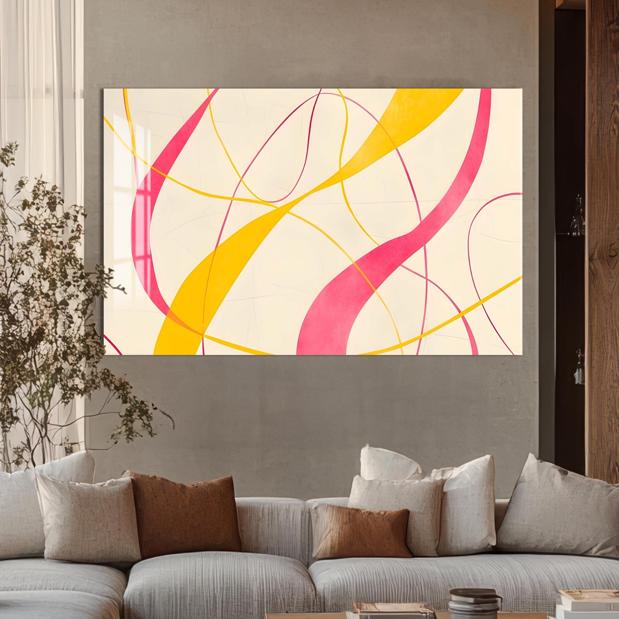 Artronauts Glass Print Yellow & Pink Flow Lines- Abstract Tempered Glass Wall Art