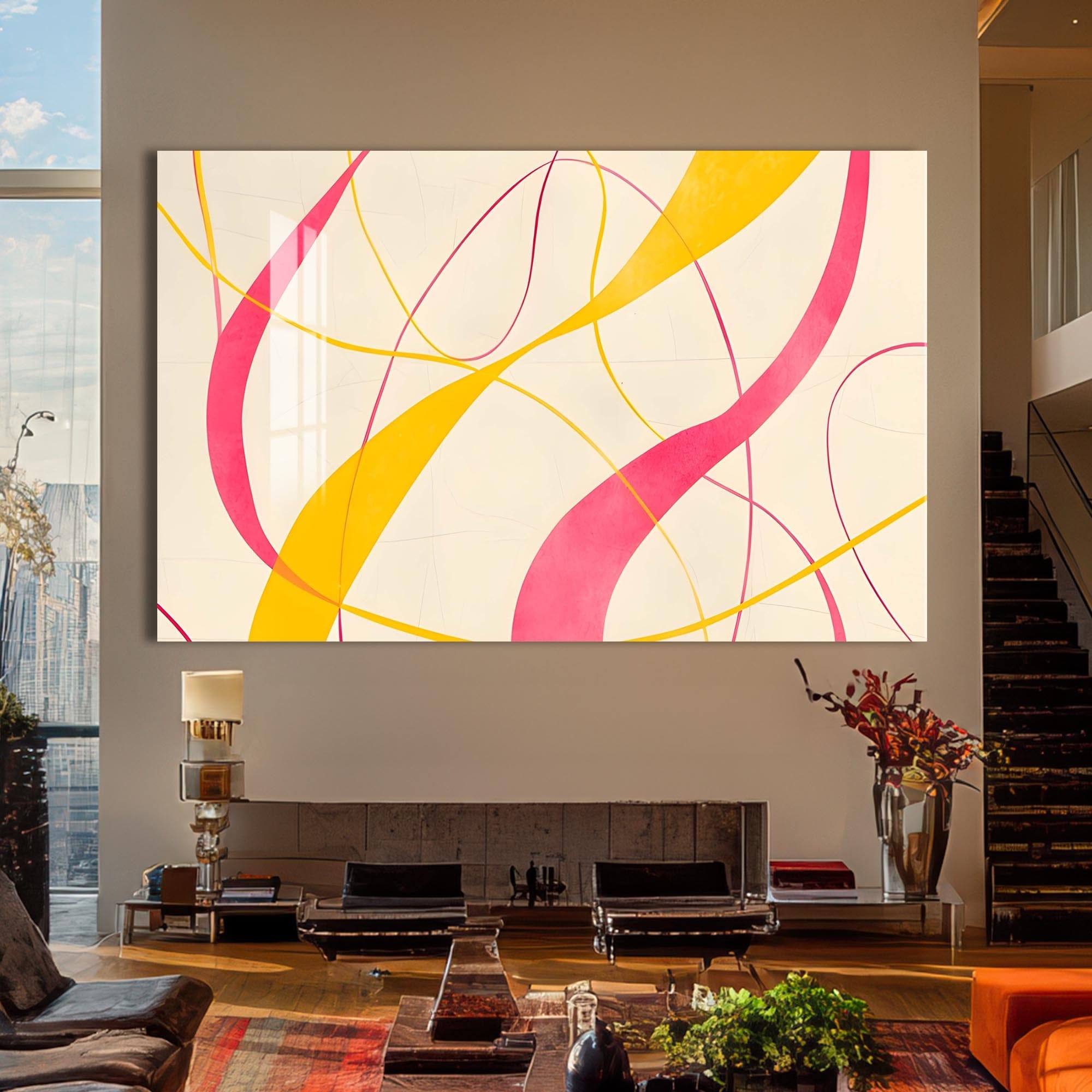 Artronauts Glass Print Yellow & Pink Flow Lines- Abstract Tempered Glass Wall Art