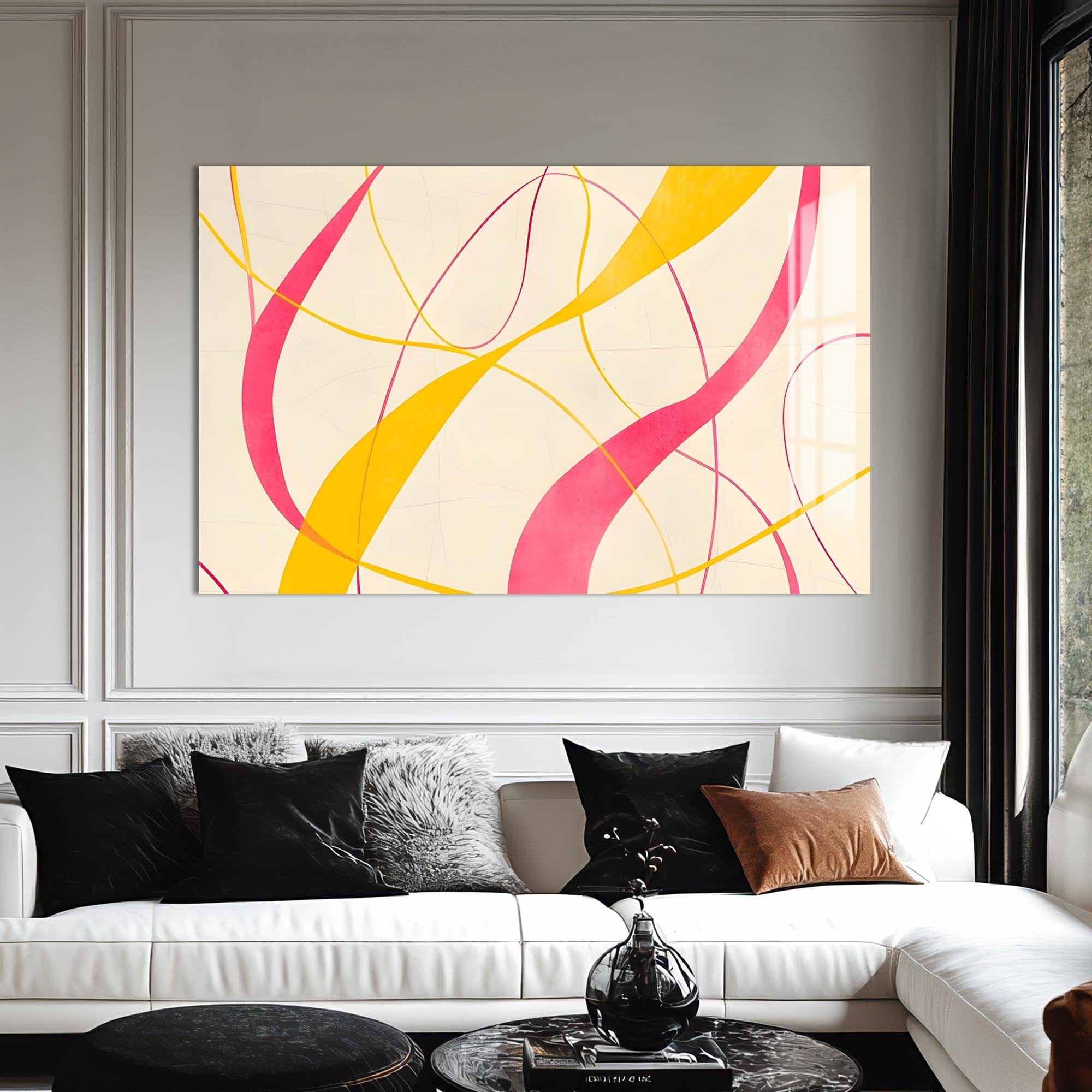 Artronauts Glass Print Yellow & Pink Flow Lines- Abstract Tempered Glass Wall Art