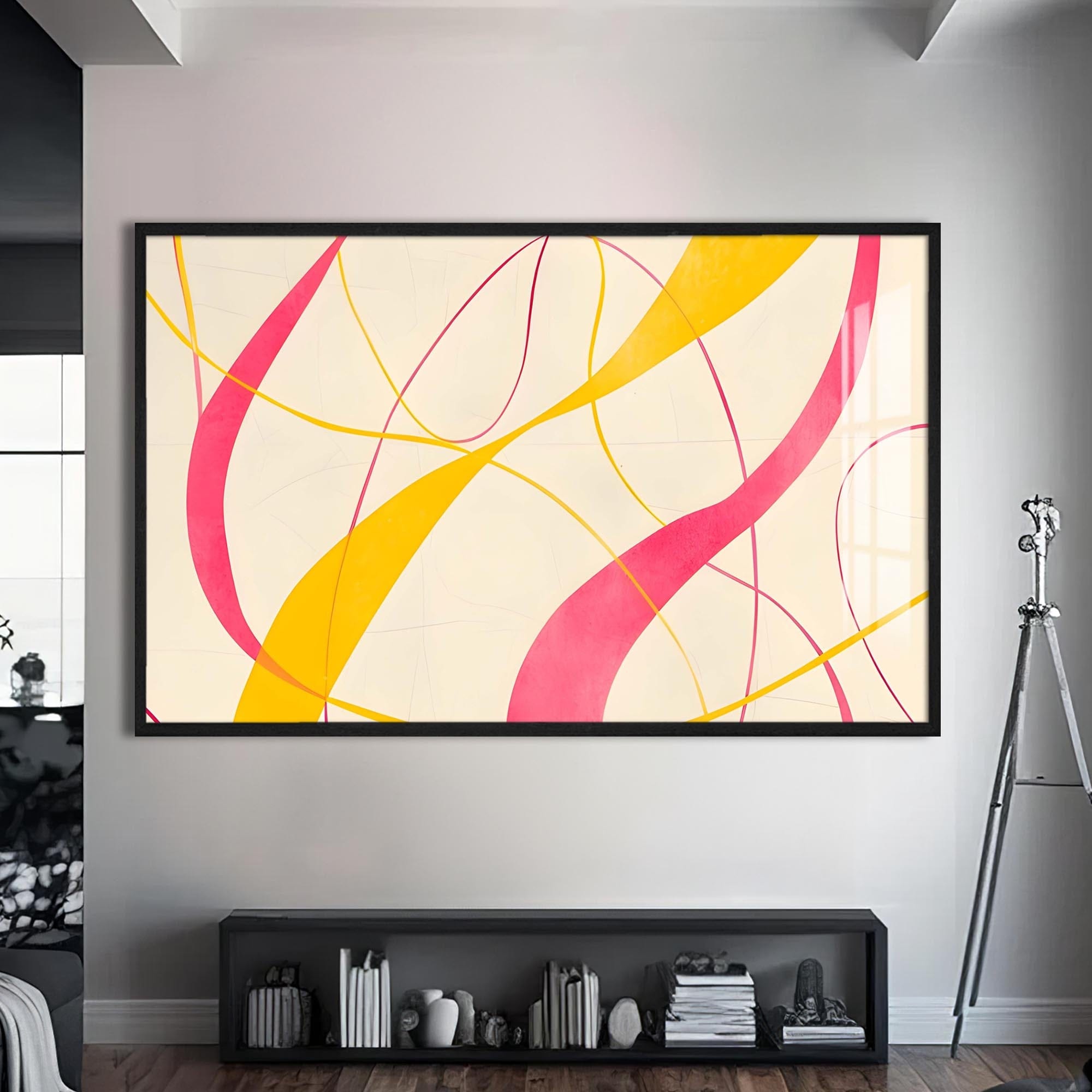 Artronauts Glass Print S | 72x46 cm | 28.3"x18.1" / Black Yellow & Pink Flow Lines- Abstract Tempered Glass Wall Art