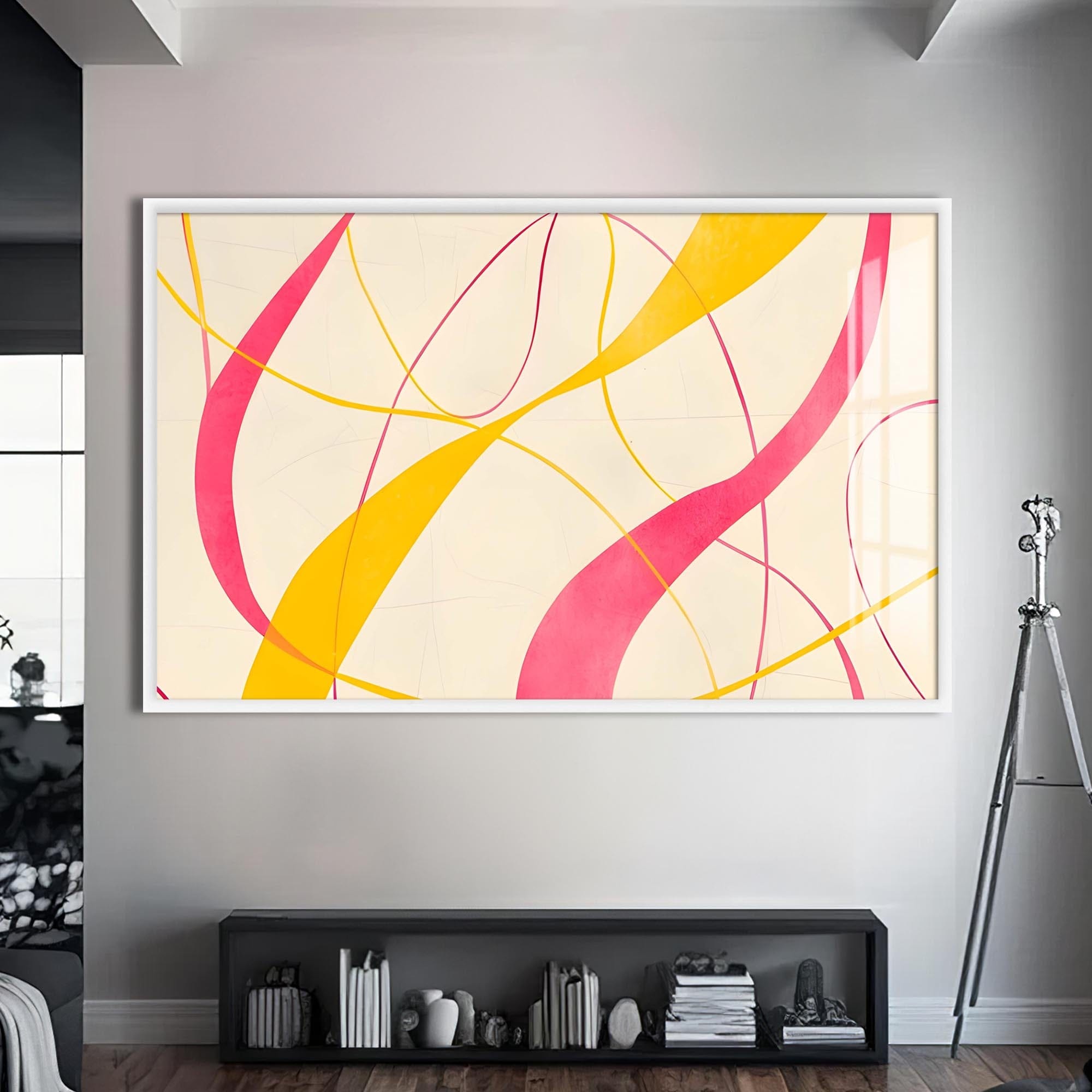 Artronauts Glass Print S | 72x46 cm | 28.3"x18.1" / White Yellow & Pink Flow Lines- Abstract Tempered Glass Wall Art