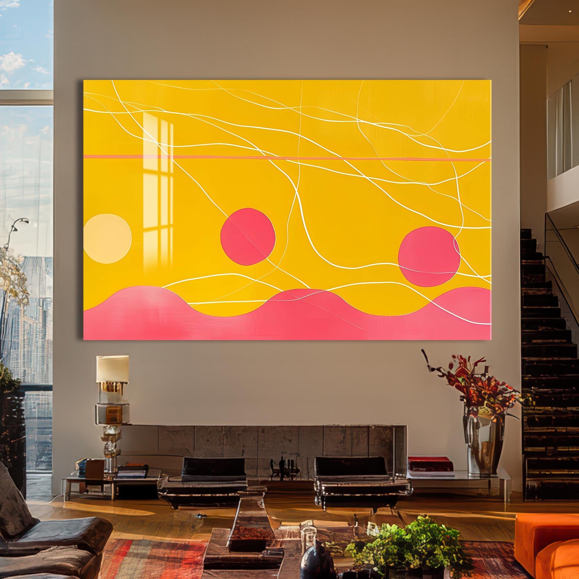 Artronauts Glass Print Yellow–Pink Abstract Waves- Abstract Tempered Glass Wall Art