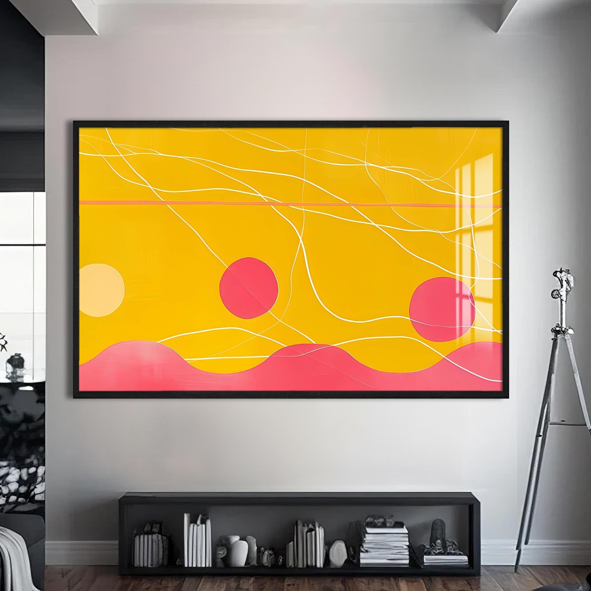 Artronauts Glass Print S | 72x46 cm | 28.3"x18.1" / Black Yellow–Pink Abstract Waves- Abstract Tempered Glass Wall Art