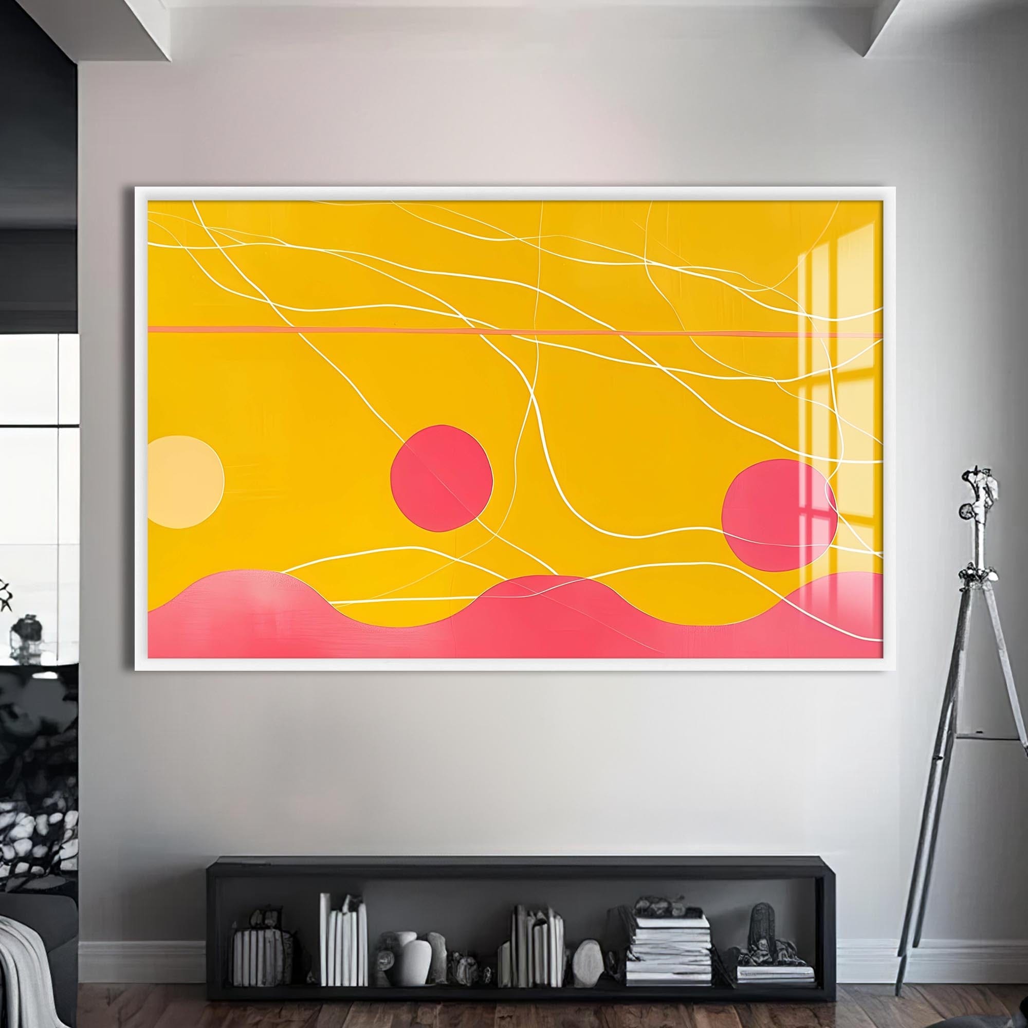 Artronauts Glass Print S | 72x46 cm | 28.3"x18.1" / White Yellow–Pink Abstract Waves- Abstract Tempered Glass Wall Art