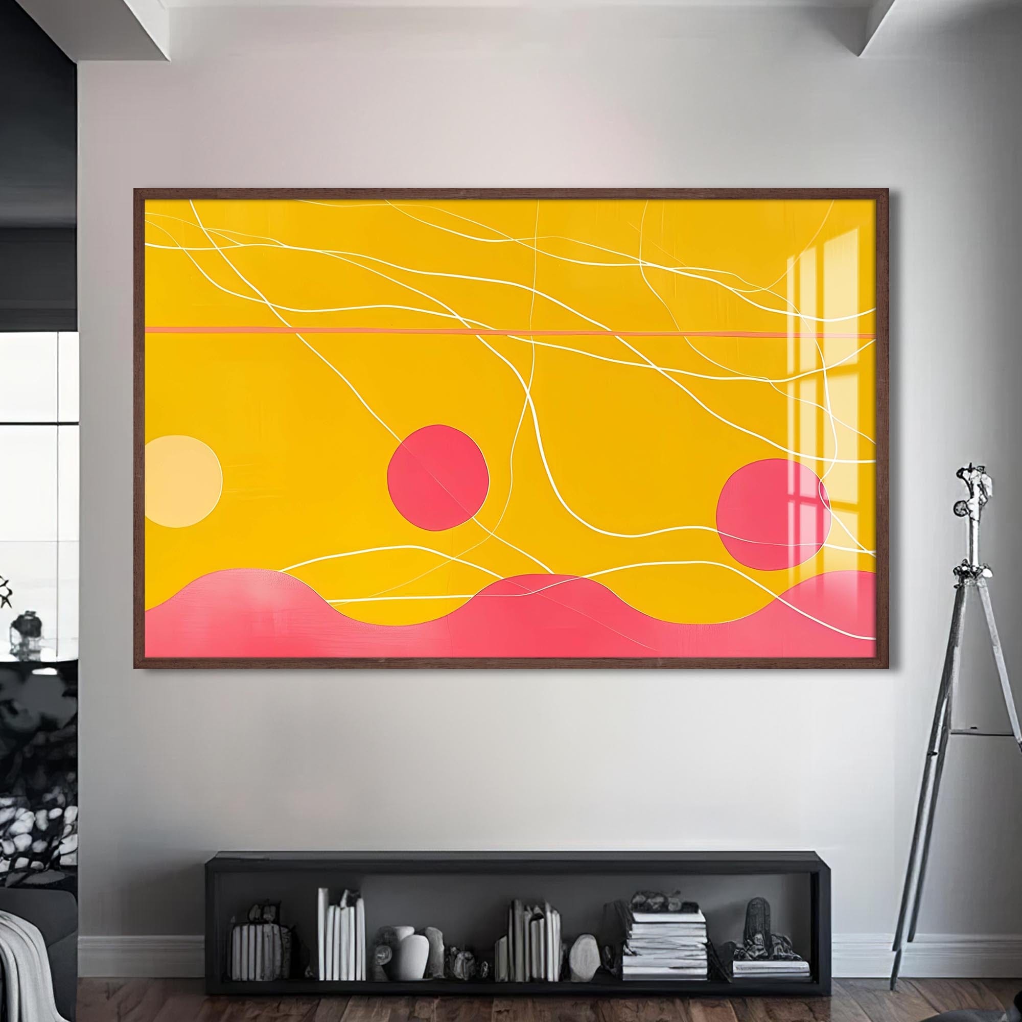 Artronauts Glass Print S | 72x46 cm | 28.3"x18.1" / Walnut Yellow–Pink Abstract Waves- Abstract Tempered Glass Wall Art