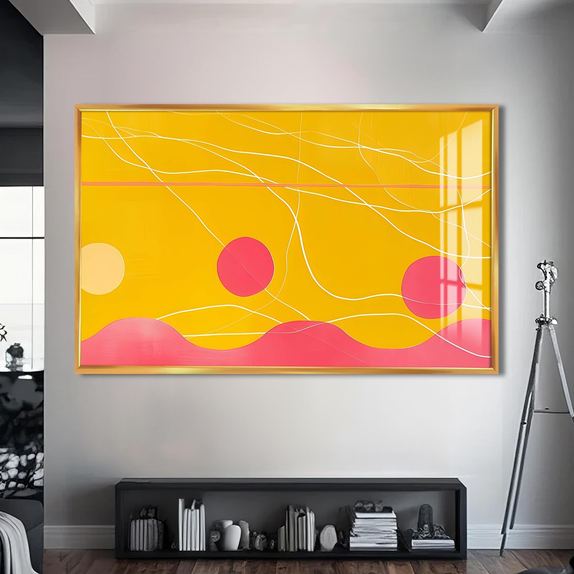 Artronauts Glass Print S | 72x46 cm | 28.3"x18.1" / Gold Yellow–Pink Abstract Waves- Abstract Tempered Glass Wall Art