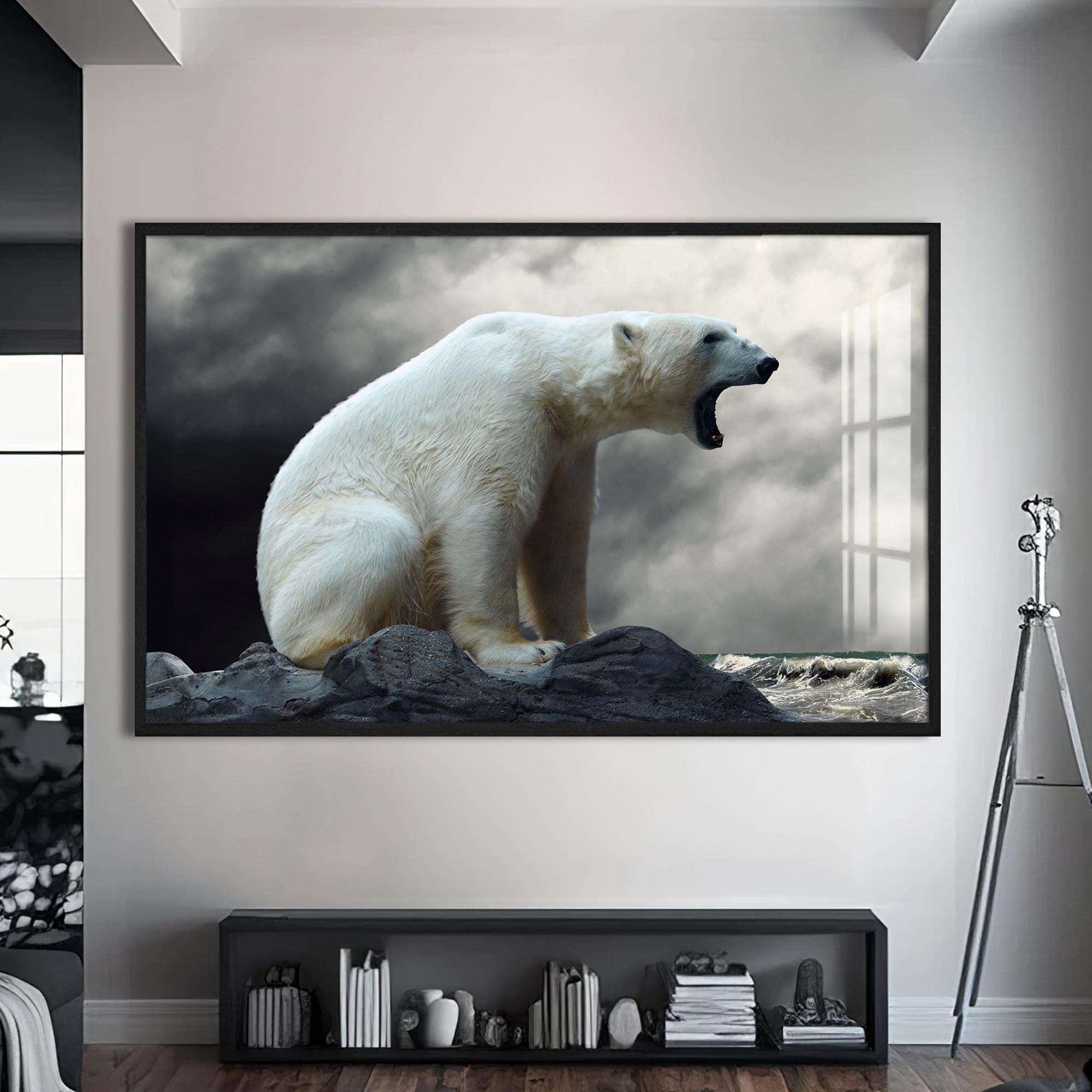Artronauts Glass Print S | 72x46 cm | 28.3"x18.1" / Black Roaring Polar Bear – Animal Tempered Glass Wall Art