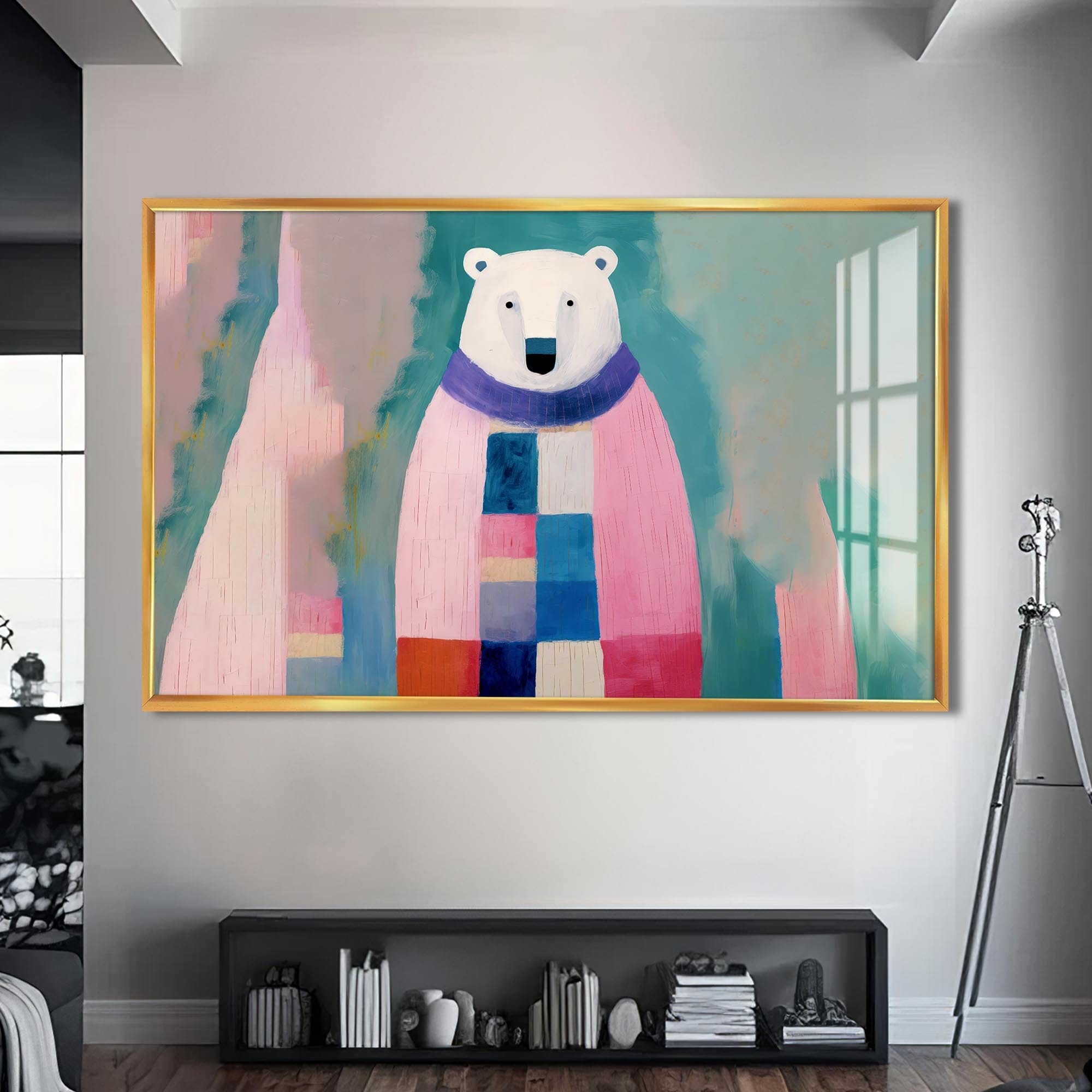 Artronauts Glass Print S | 72x46 cm | 28.3"x18.1" / Gold Cosy Patchwork Polar Bear – Animal Tempered Glass Wall Art