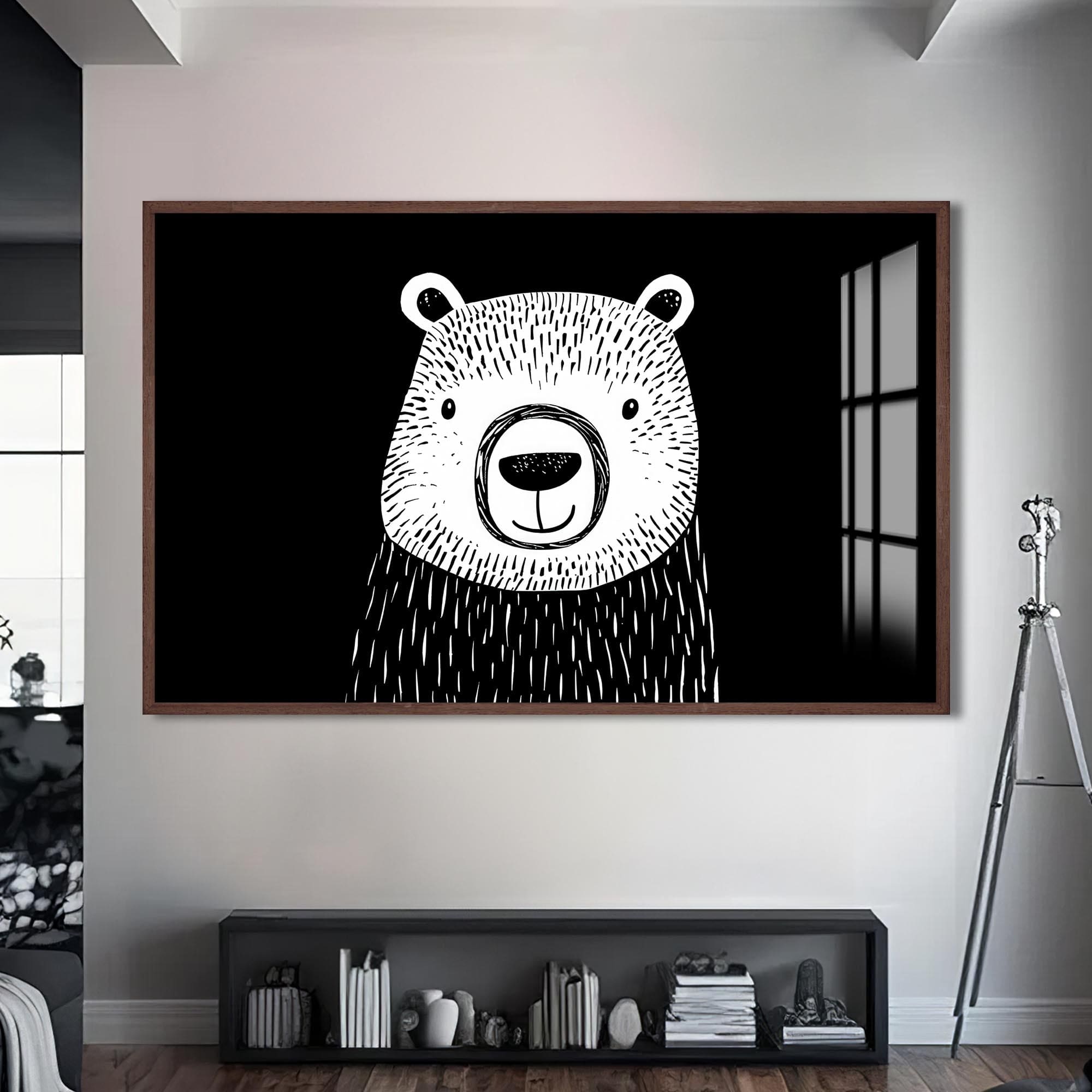 Artronauts Glass Print S | 72x46 cm | 28.3"x18.1" / Walnut Minimal Black & White Bear – Animal Tempered Glass Wall Art