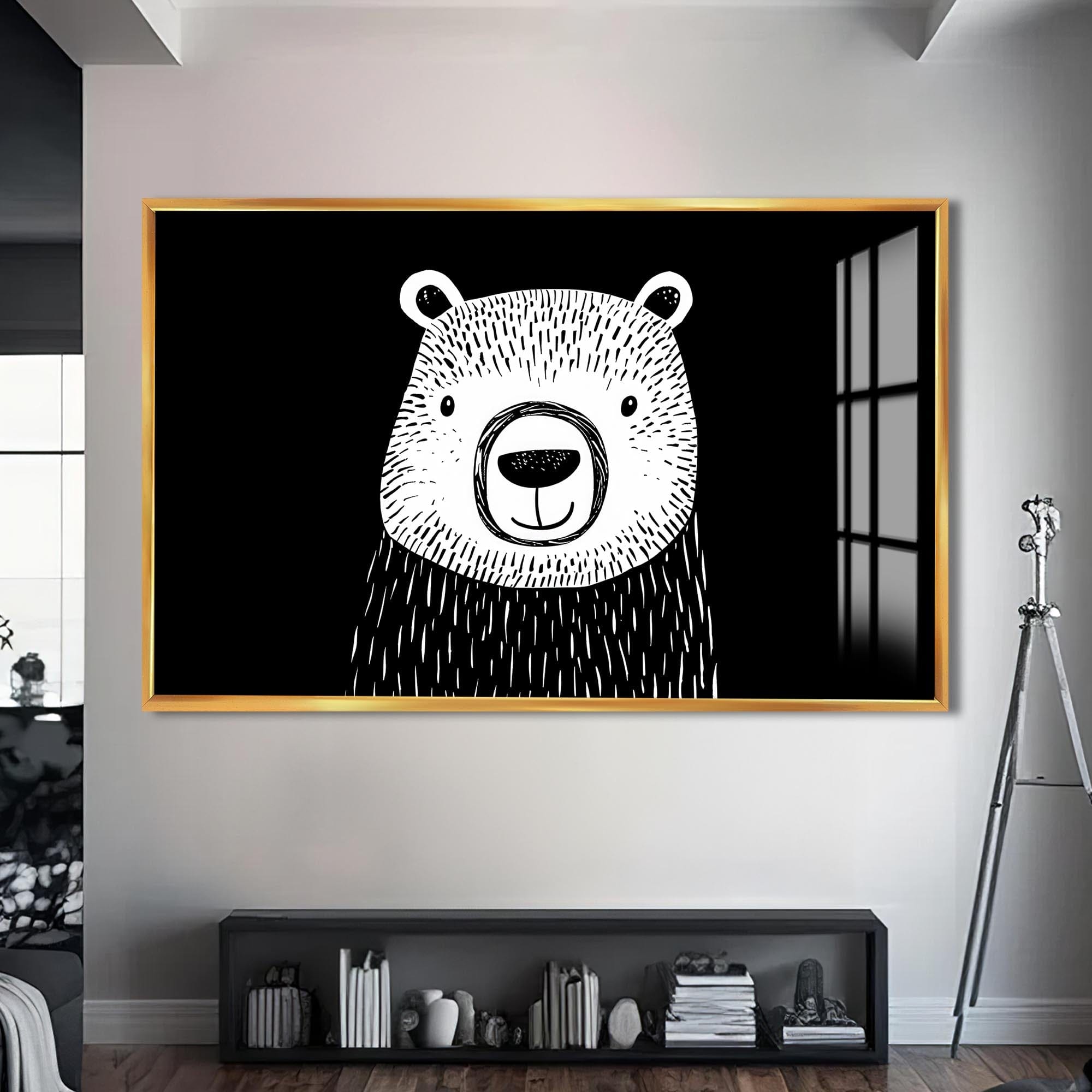 Artronauts Glass Print S | 72x46 cm | 28.3"x18.1" / Gold Minimal Black & White Bear – Animal Tempered Glass Wall Art