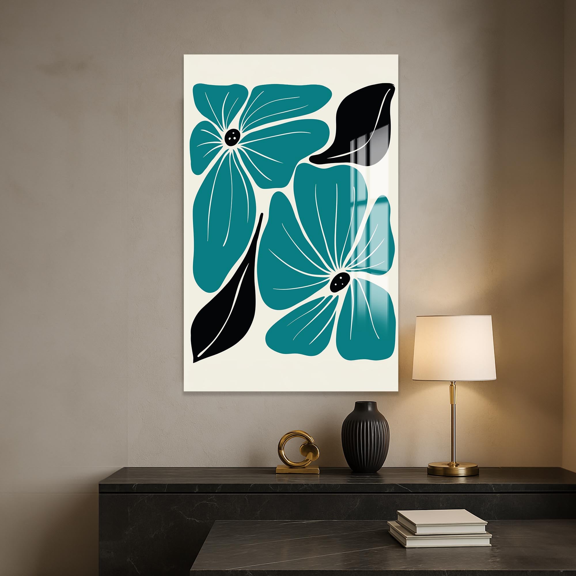 Teal Bloom Pattern– Bohemian Tempered Glass Wall Art (