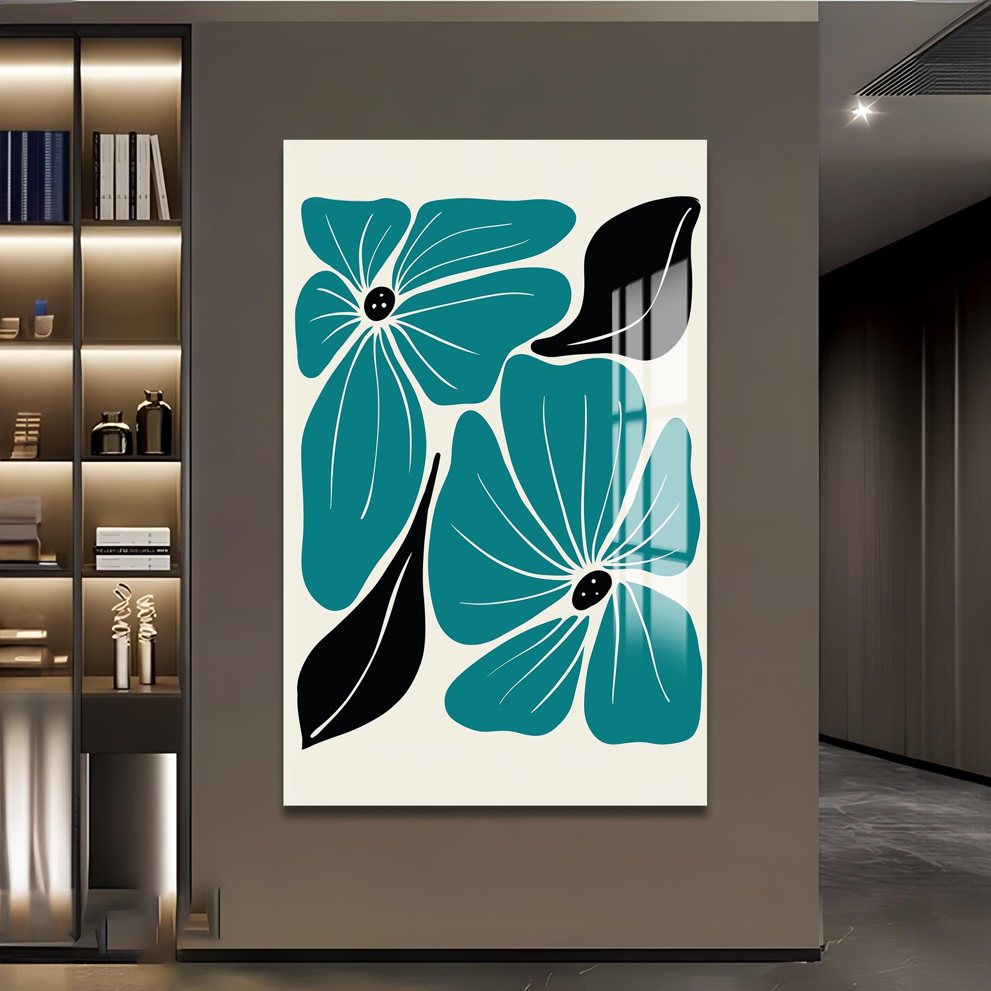 Teal Bloom Pattern– Bohemian Tempered Glass Wall Art (