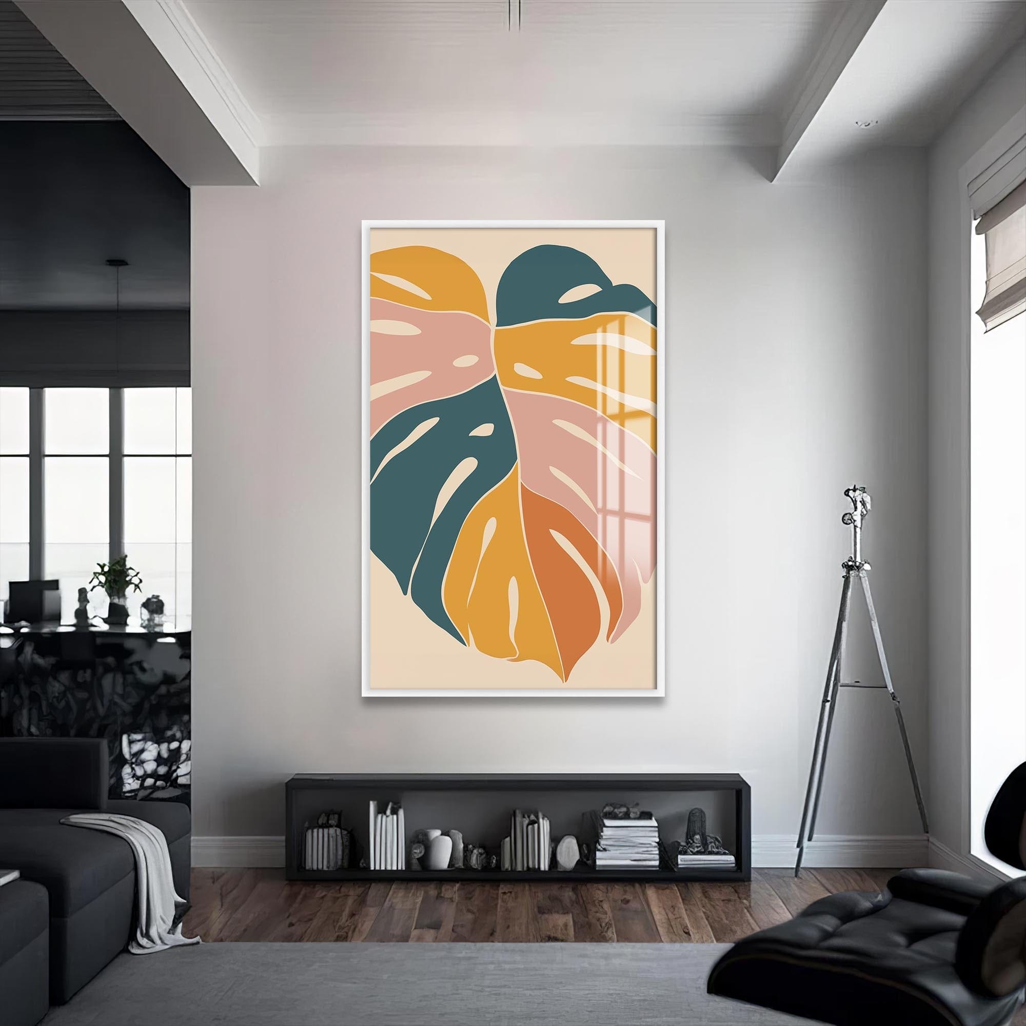 Artronauts Glass Print S | 72x46 cm | 28.3"x18.1" / White Terra Leaf Flow– Bohemian Tempered Glass Wall Art