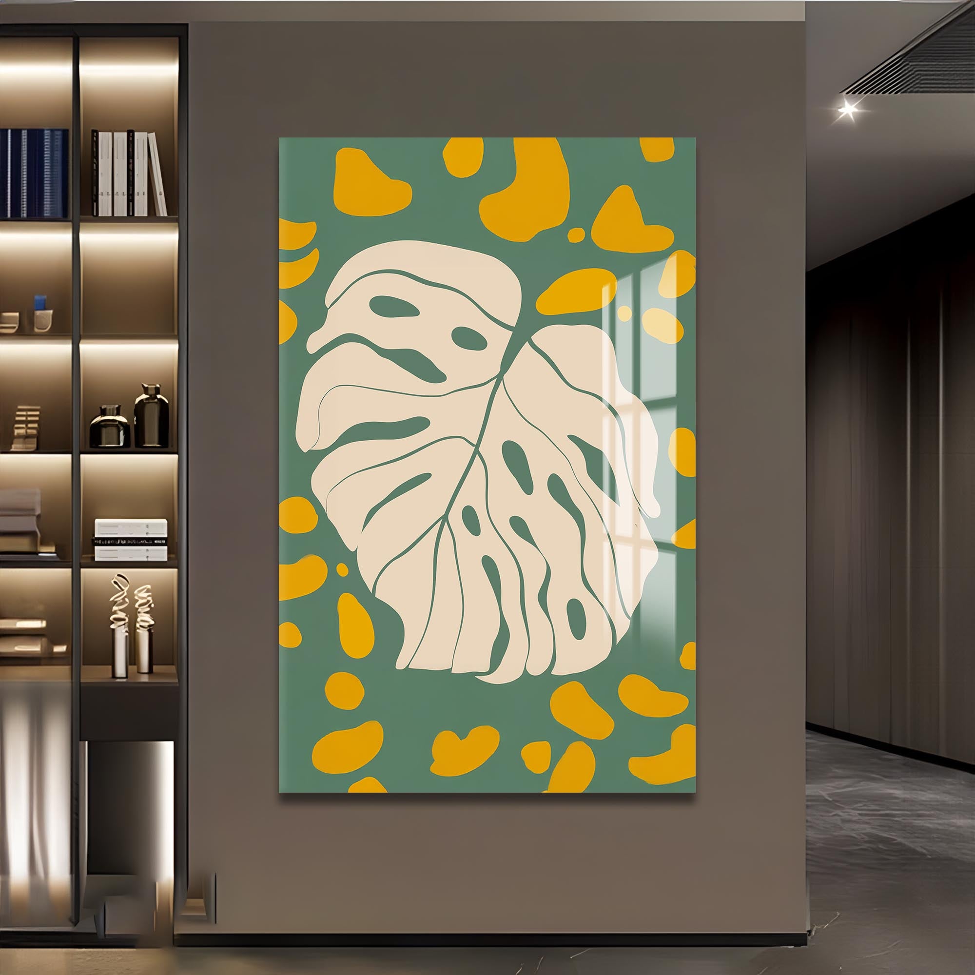 Artronauts Glass Print Olive Monstera Play– Bohemian Tempered Glass Wall Art