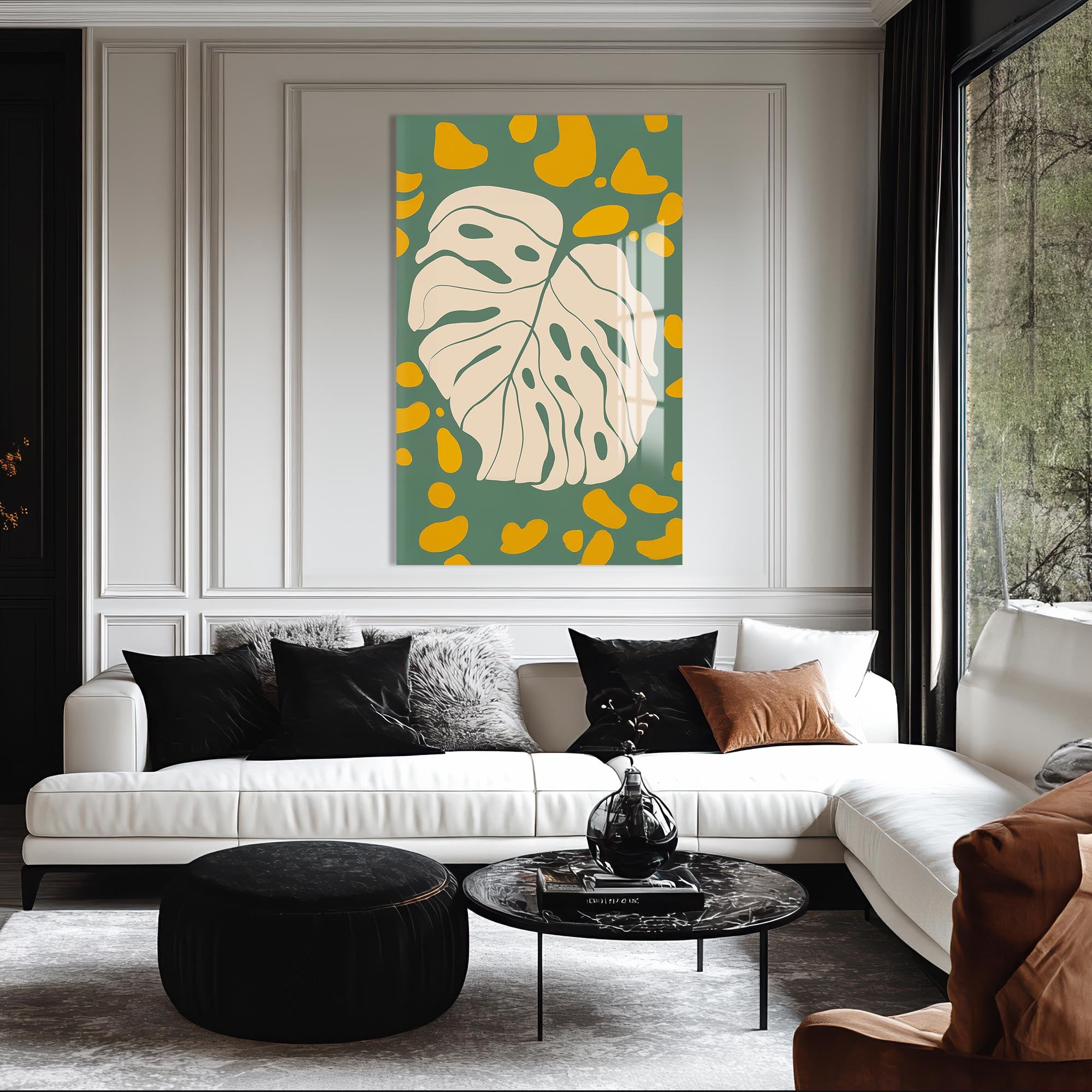 Artronauts Glass Print Olive Monstera Play– Bohemian Tempered Glass Wall Art