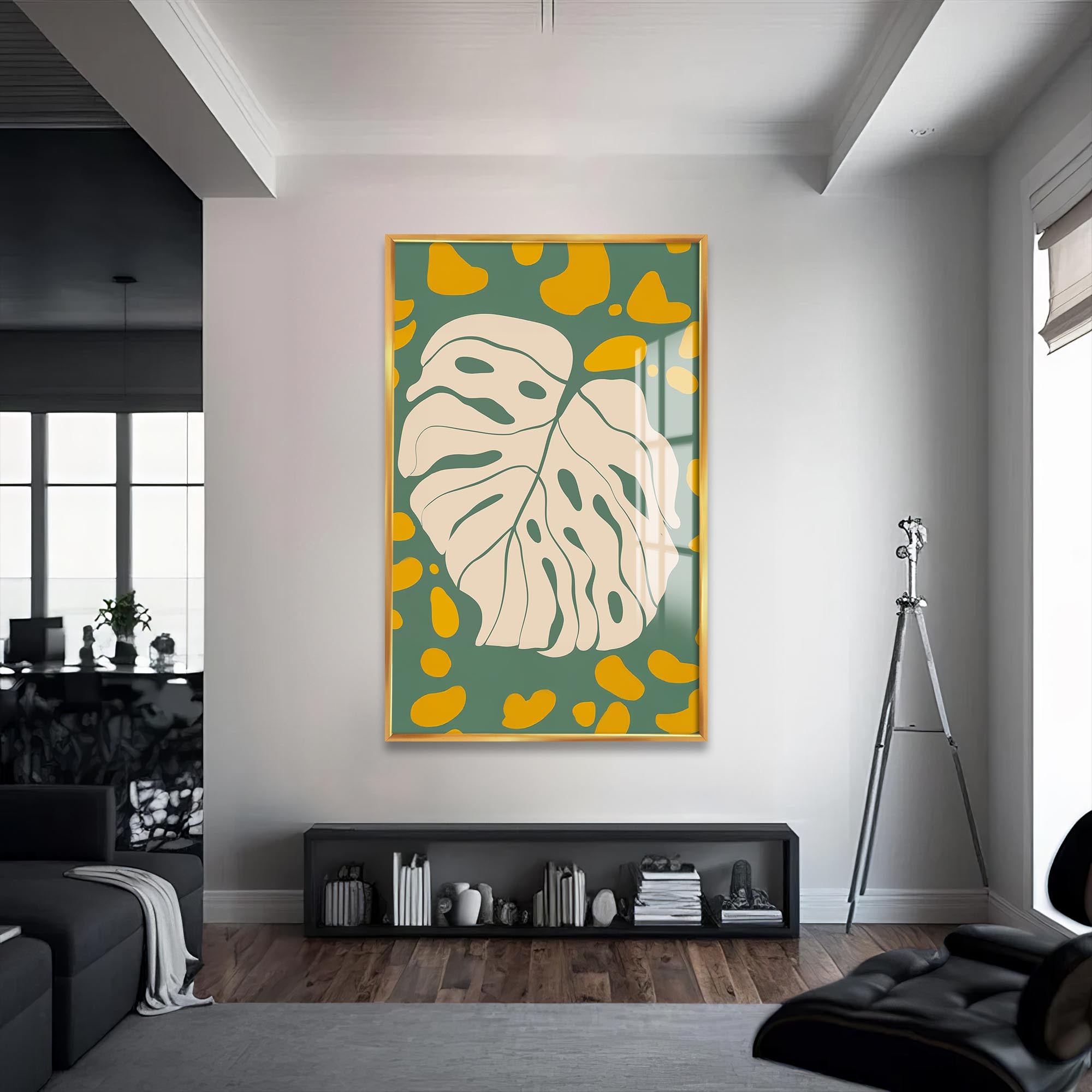 Artronauts Glass Print S | 72x46 cm | 28.3"x18.1" / Gold Olive Monstera Play– Bohemian Tempered Glass Wall Art