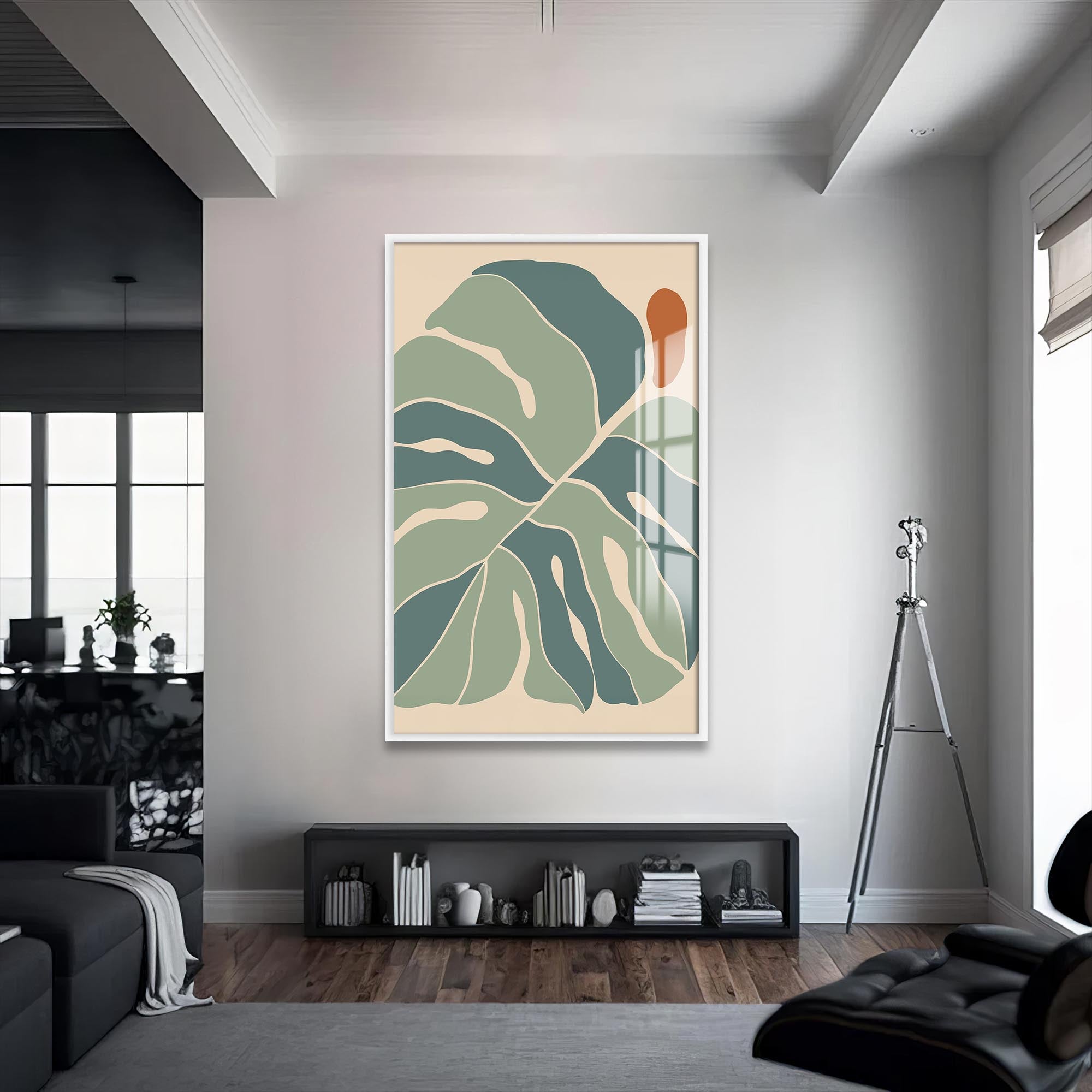 Artronauts Glass Print S | 72x46 cm | 28.3"x18.1" / White Nordic Leaf Balance– Bohemian Tempered Glass Wall Art