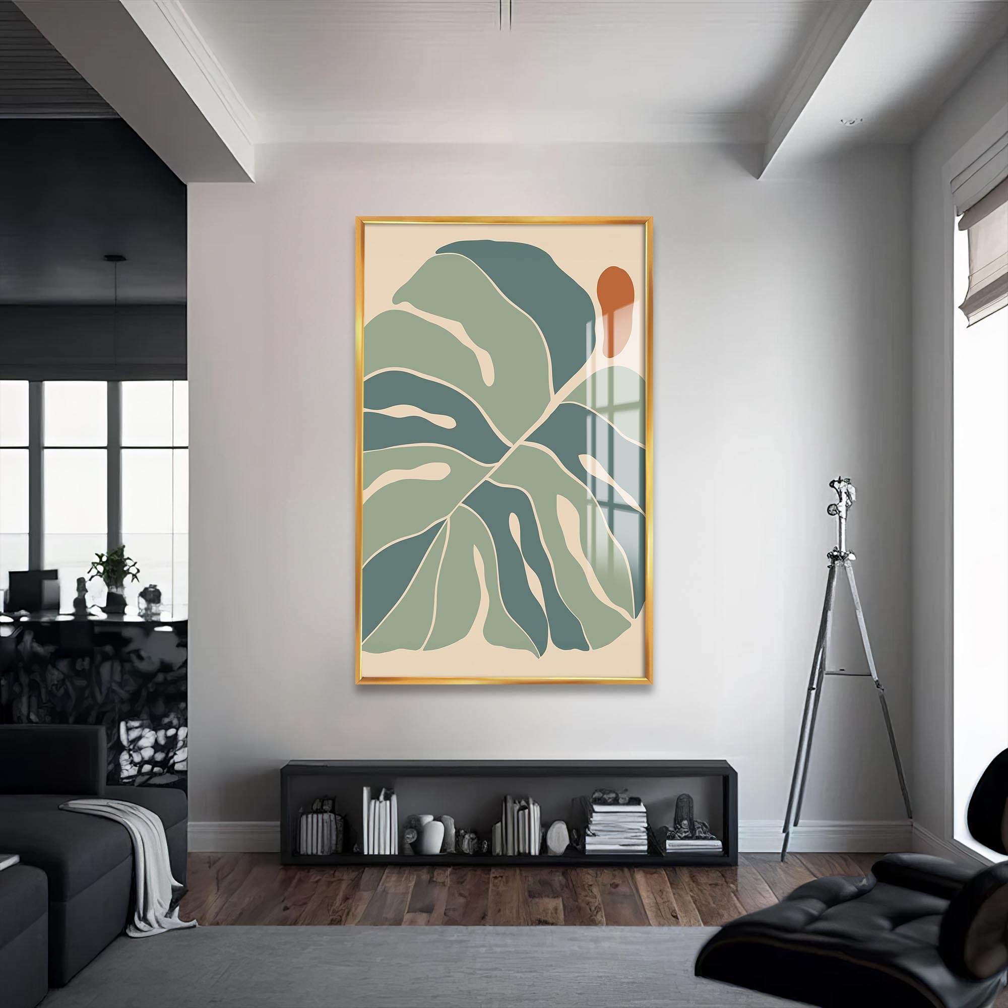 Artronauts Glass Print S | 72x46 cm | 28.3"x18.1" / Gold Nordic Leaf Balance– Bohemian Tempered Glass Wall Art