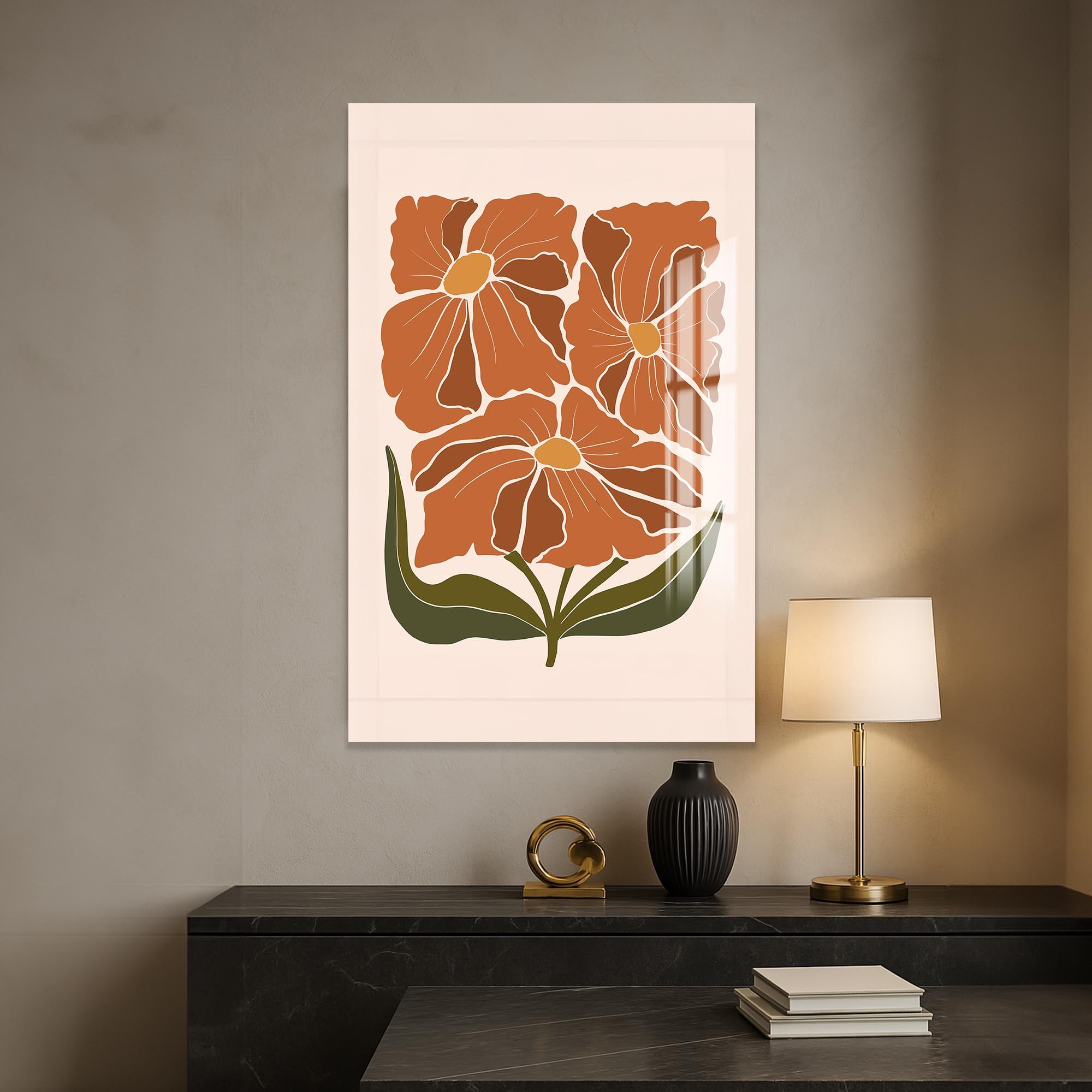 Terracotta Floral Trio– Bohemian Tempered Glass Wall Art