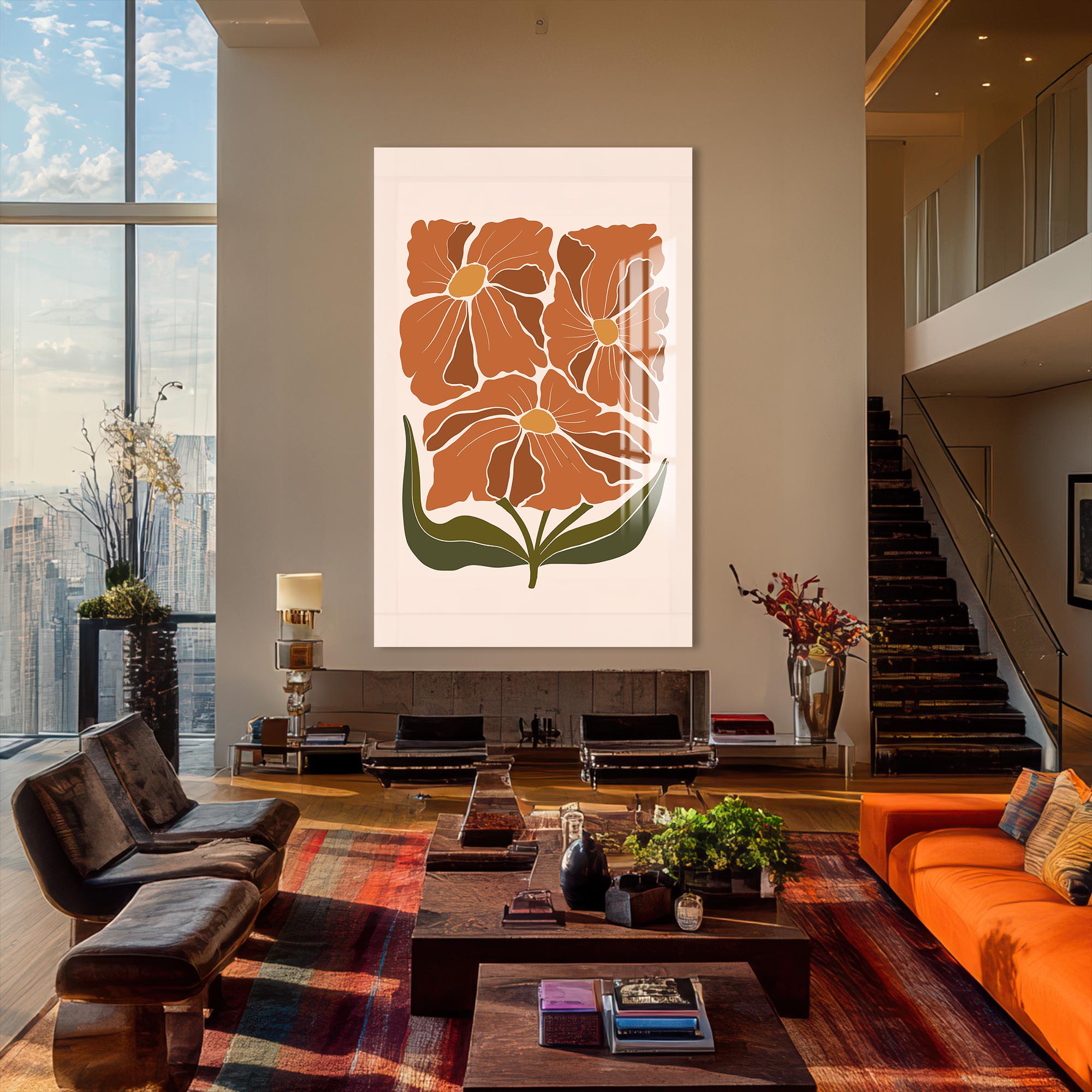 Terracotta Floral Trio– Bohemian Tempered Glass Wall Art