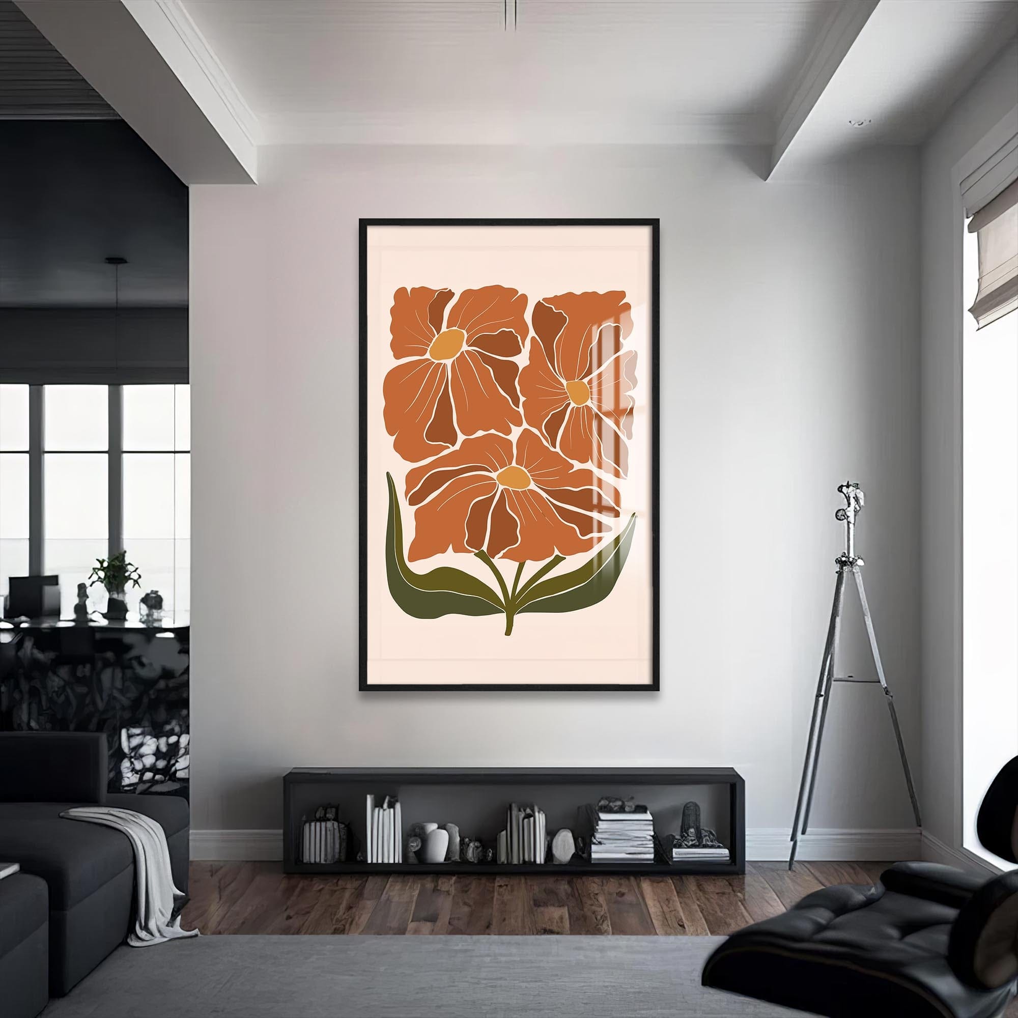 Artronauts Glass Print S | 72x46 cm | 28.3"x18.1" / Black Terracotta Floral Trio– Bohemian Tempered Glass Wall Art