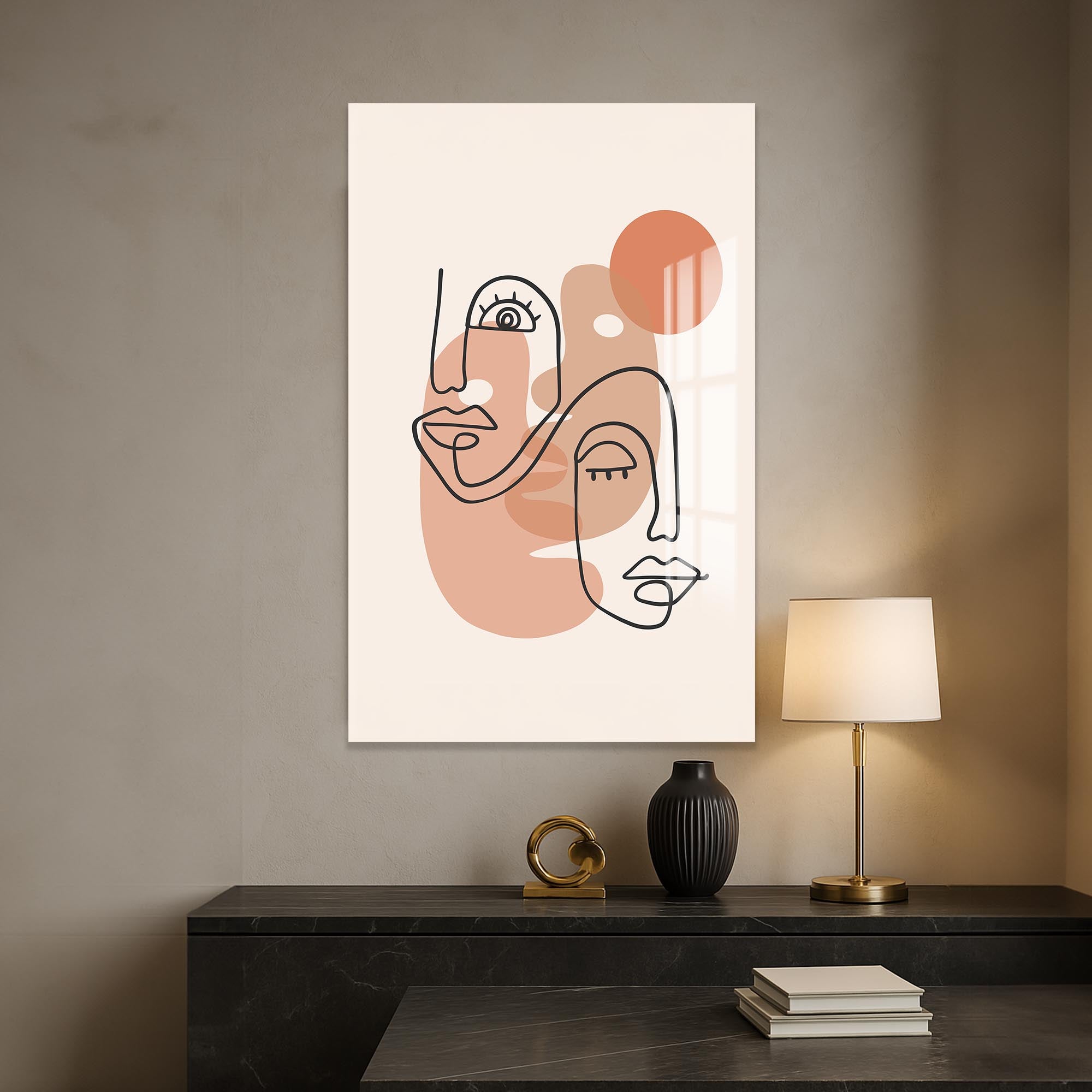 Dual Faces Line Art– Bohemian Tempered Glass Wall Art