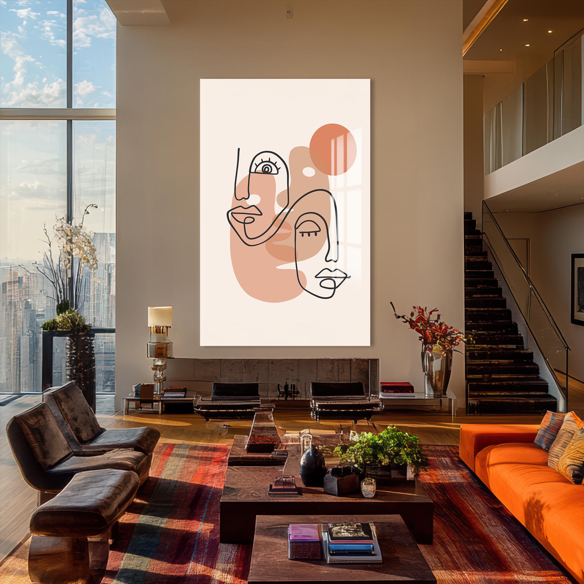 Dual Faces Line Art– Bohemian Tempered Glass Wall Art