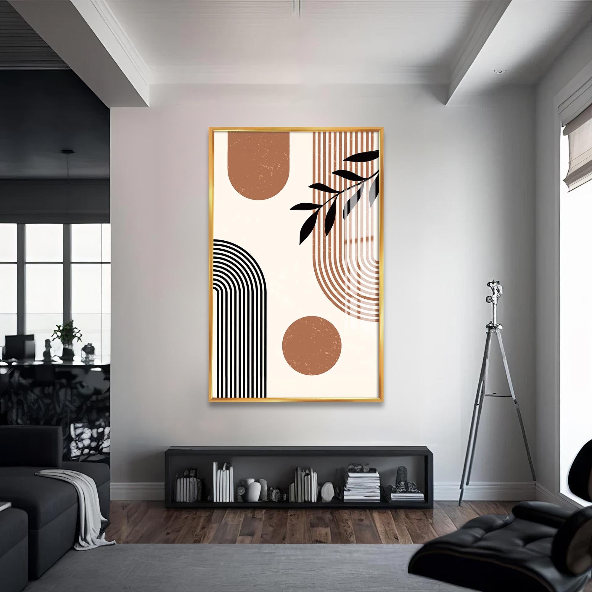 Artronauts Glass Print S | 72x46 cm | 28.3"x18.1" / Gold Modern Arc Composition– Bohemian Tempered Glass Wall Art