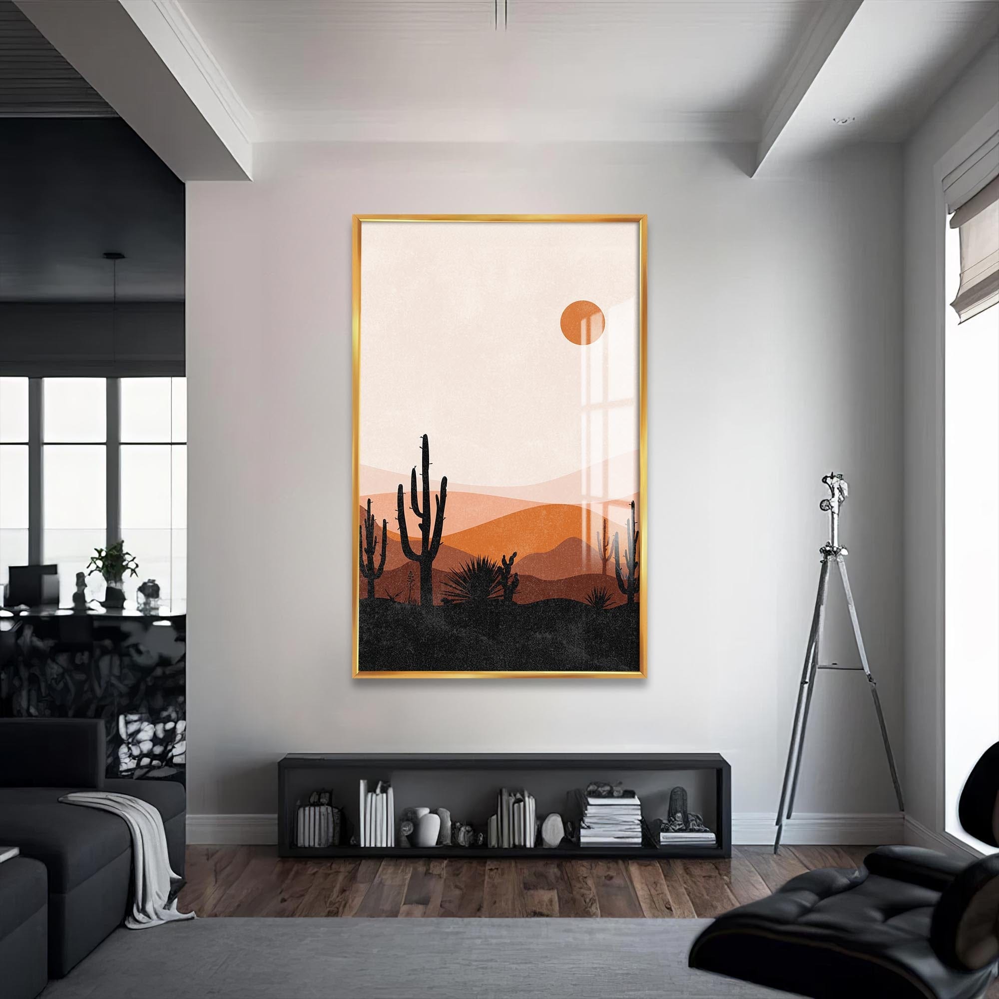 Artronauts Glass Print S | 72x46 cm | 28.3"x18.1" / Gold Cactus Horizon– Bohemian Tempered Glass Wall Art