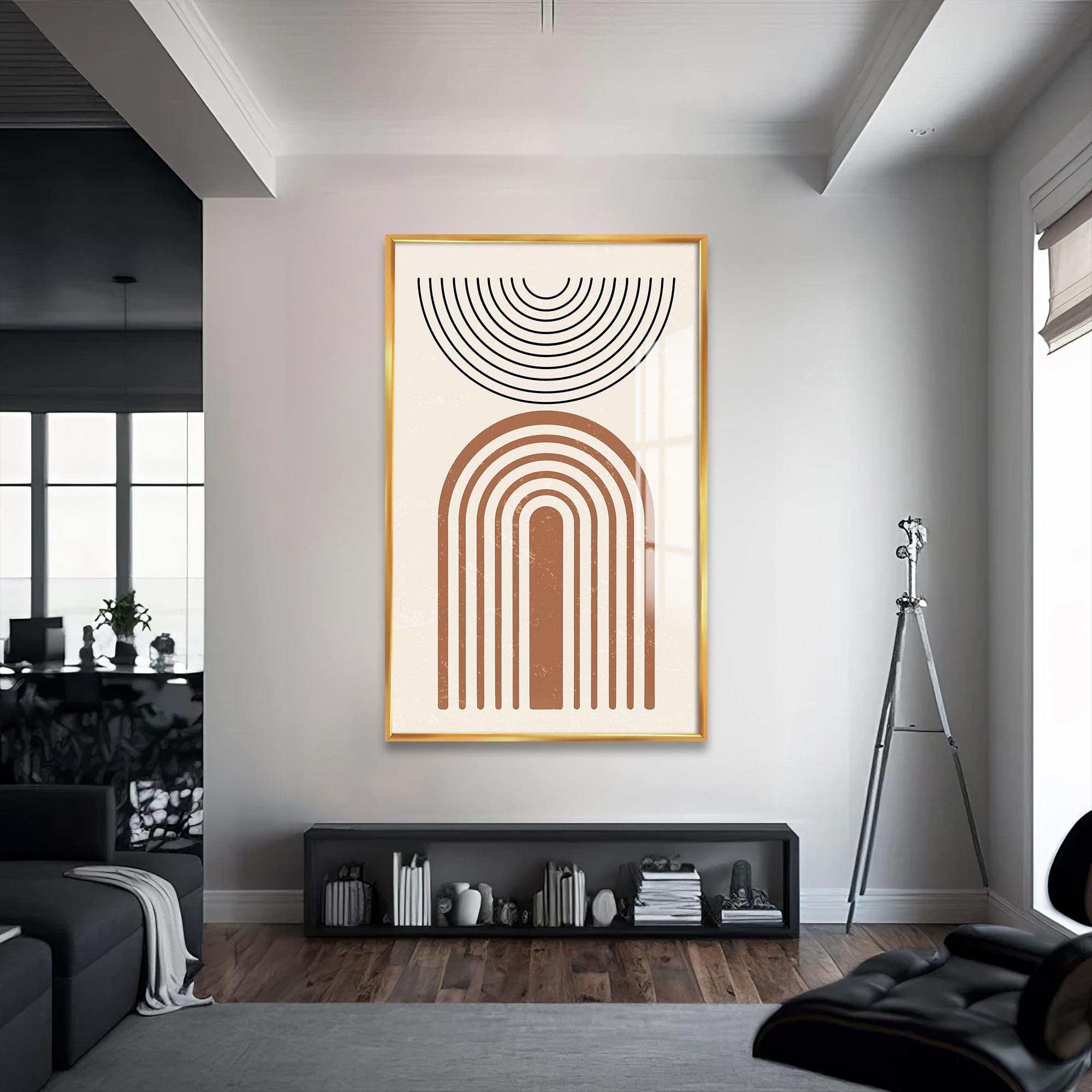 Artronauts Glass Print S | 72x46 cm | 28.3"x18.1" / Gold Arc & Horizon Minimal– Bohemian Tempered Glass Wall Art