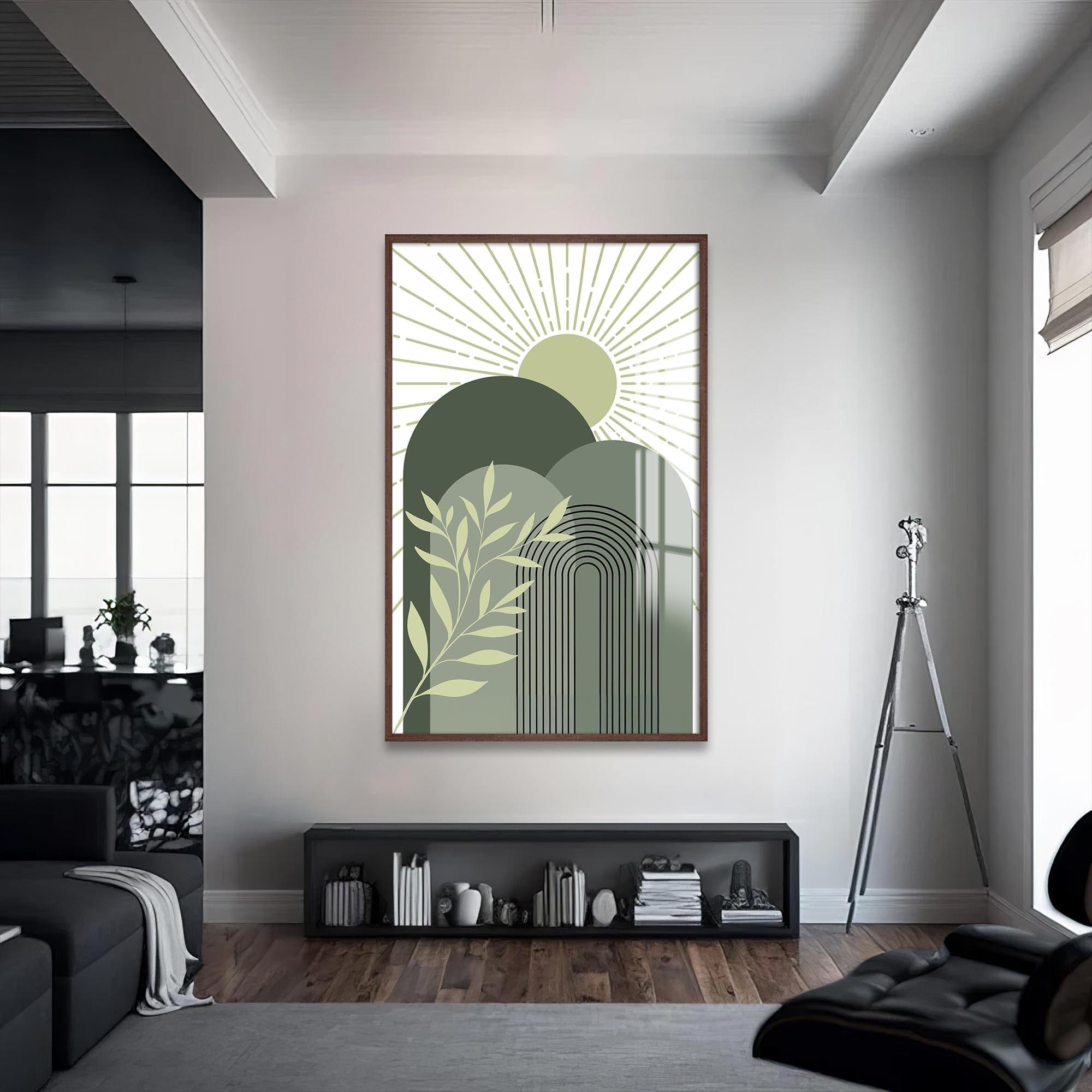Artronauts Glass Print S | 72x46 cm | 28.3"x18.1" / Walnut Sage Sunrise Peaks– Bohemian Tempered Glass Wall Art