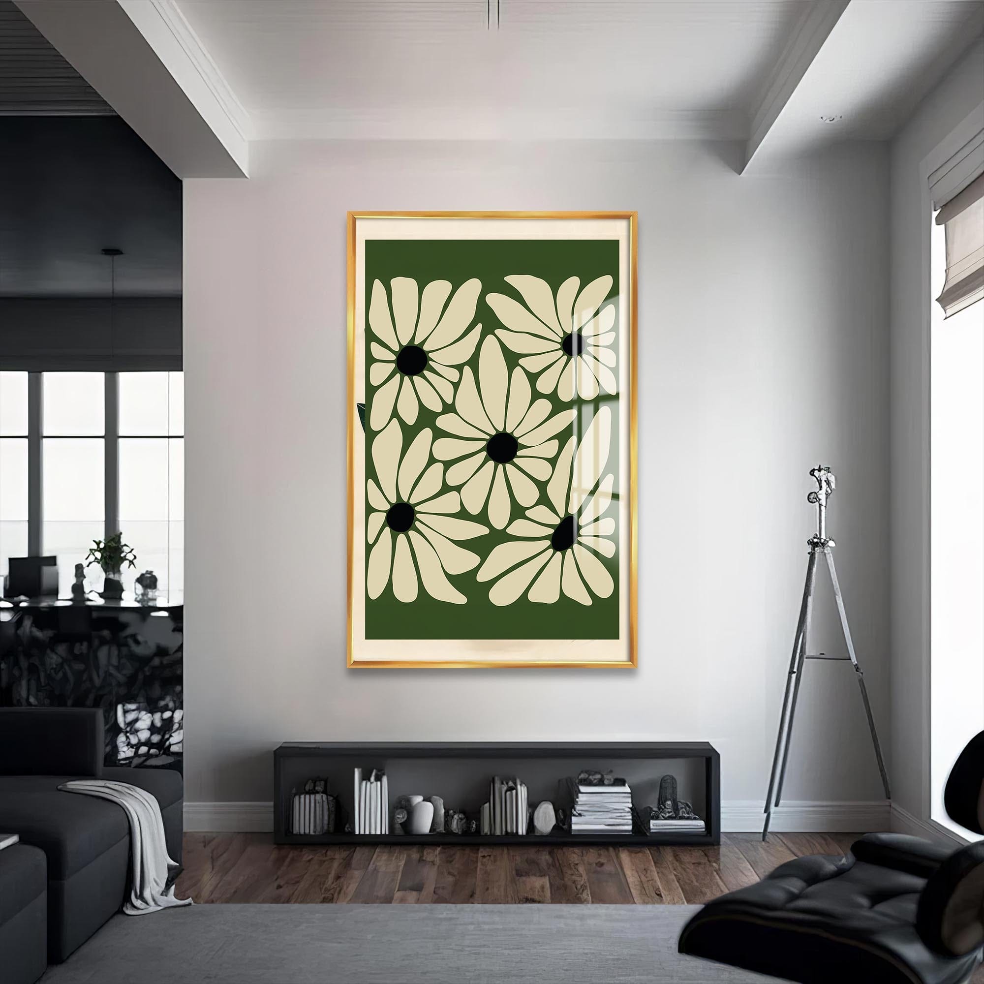 Artronauts Glass Print S | 72x46 cm | 28.3"x18.1" / Gold Olive Bloom Pattern– Bohemian Tempered Glass Wall Art