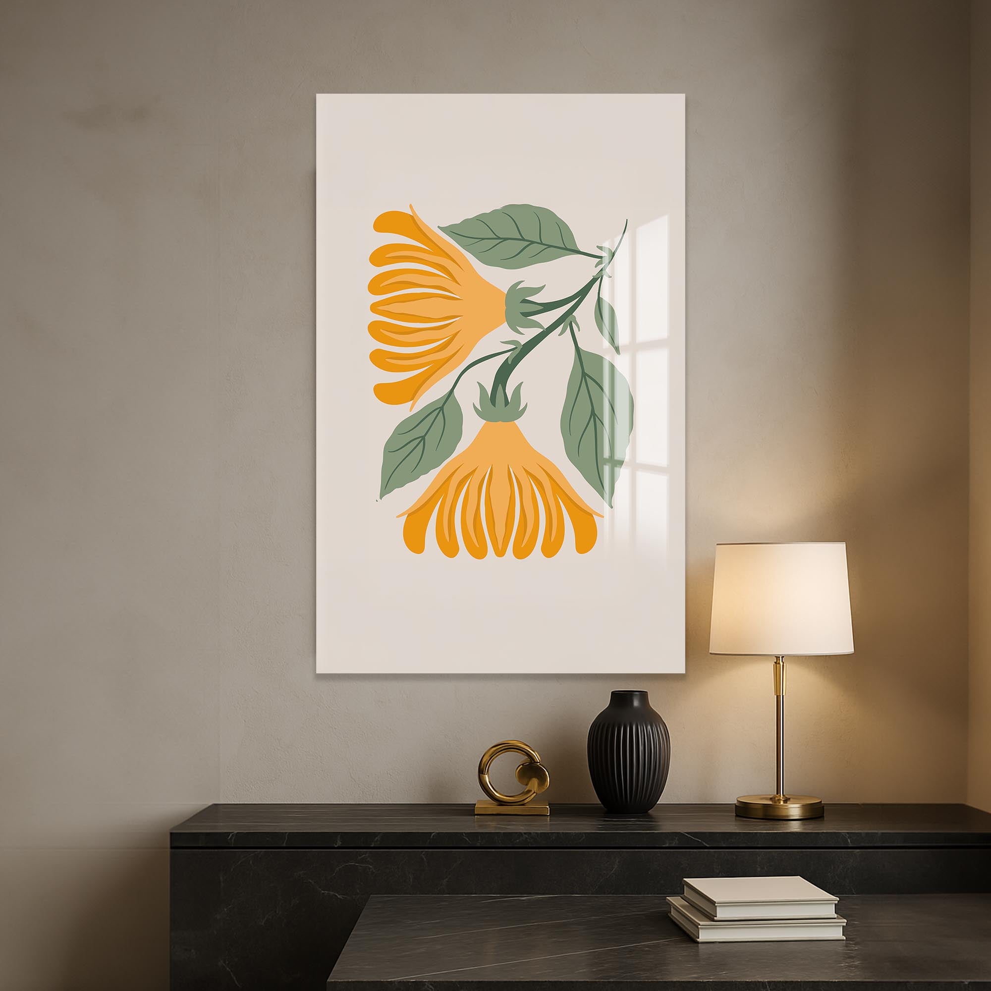 Golden Botanical Duo– Bohemian Tempered Glass Wall Art