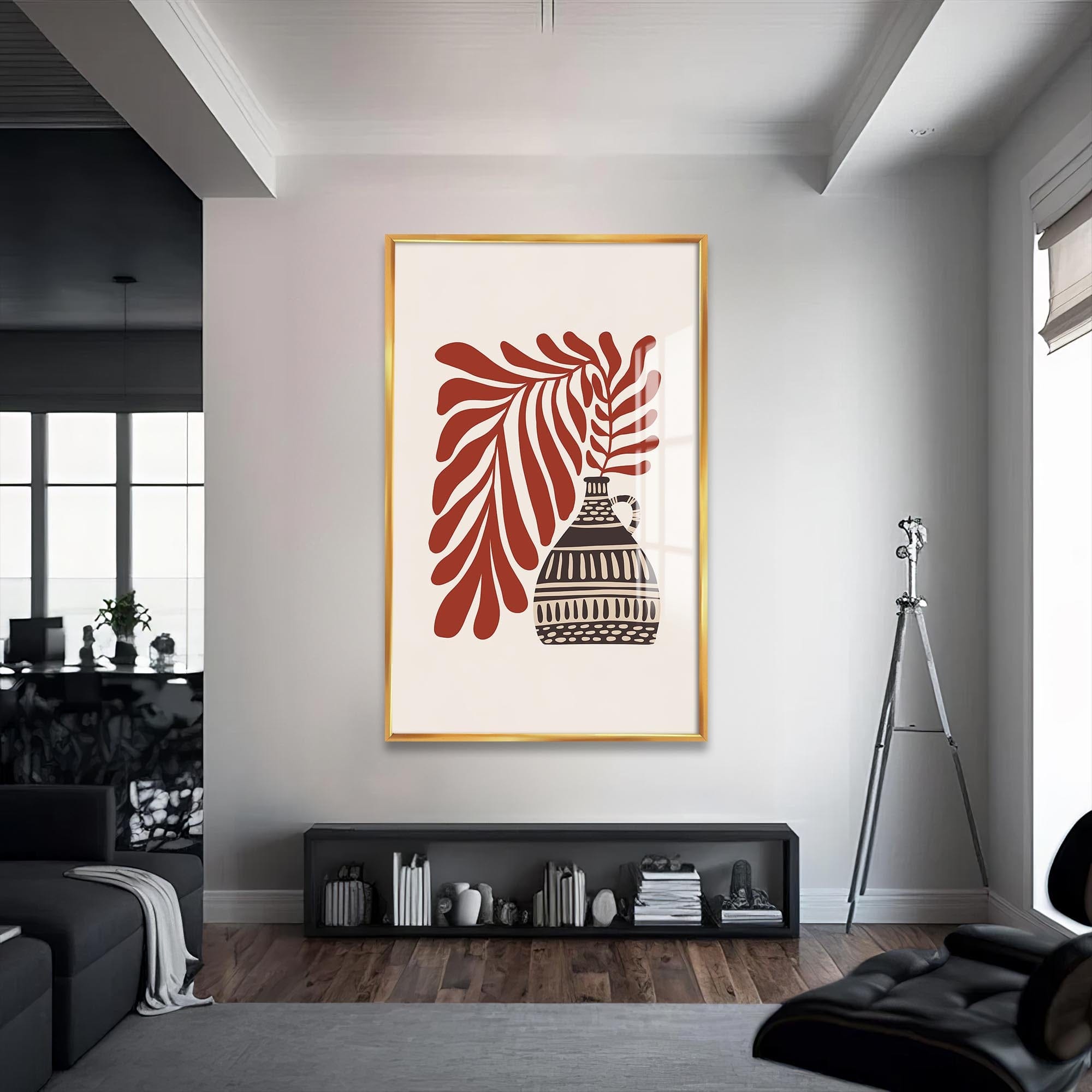 Artronauts Glass Print S | 72x46 cm | 28.3"x18.1" / Gold Rustic Leaf Vase– Bohemian Tempered Glass Wall Art