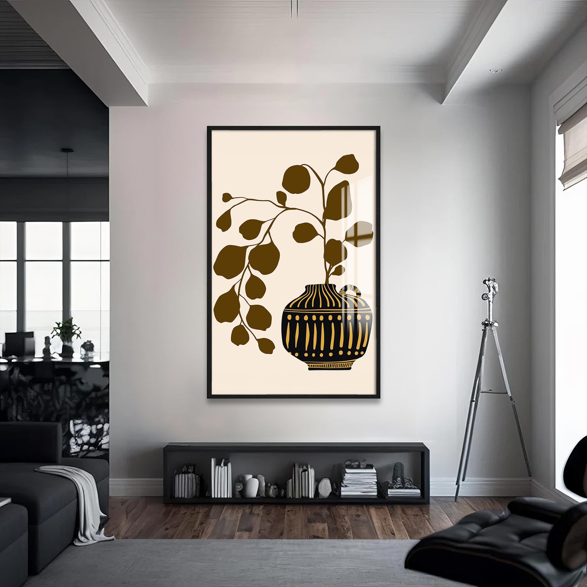 Artronauts Glass Print S | 72x46 cm | 28.3"x18.1" / Black Olive Branch Vessel– Bohemian Tempered Glass Wall Art