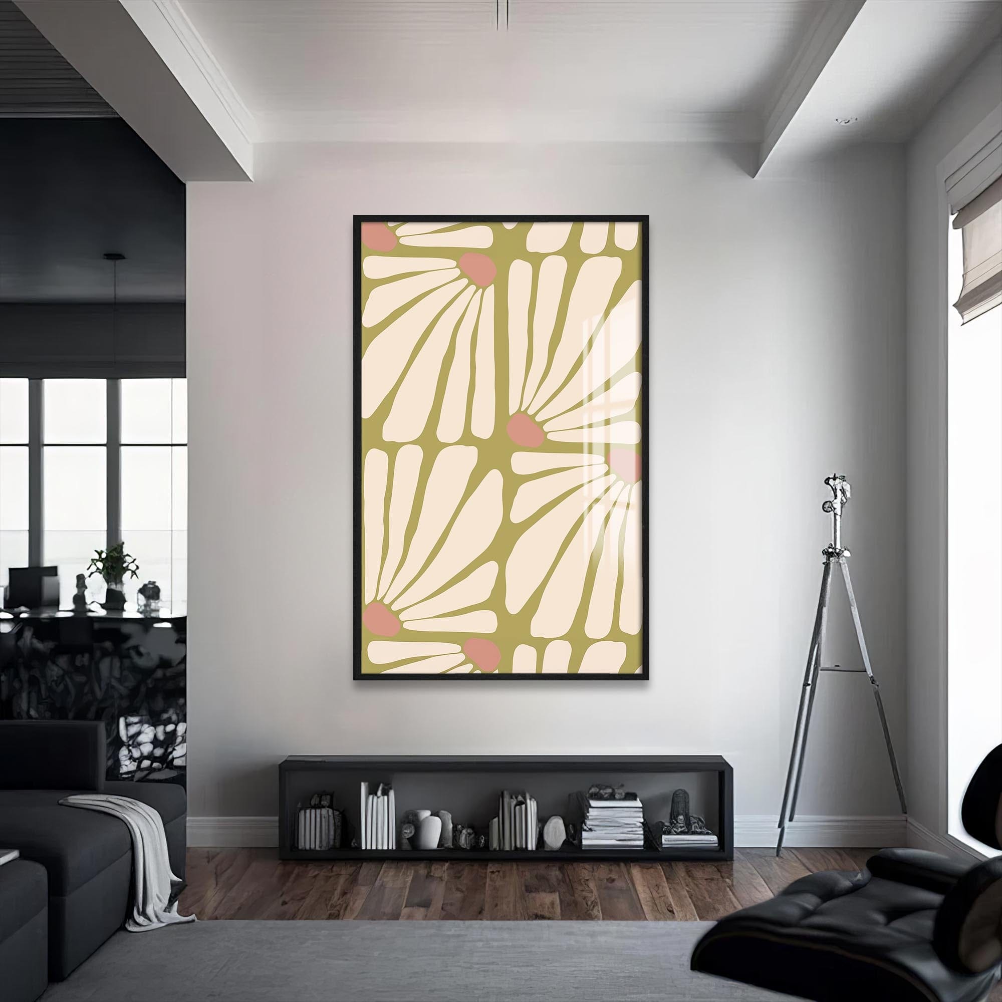 Artronauts Glass Print S | 72x46 cm | 28.3"x18.1" / Black Daisy Pattern Flow– Bohemian Tempered Glass Wall Art