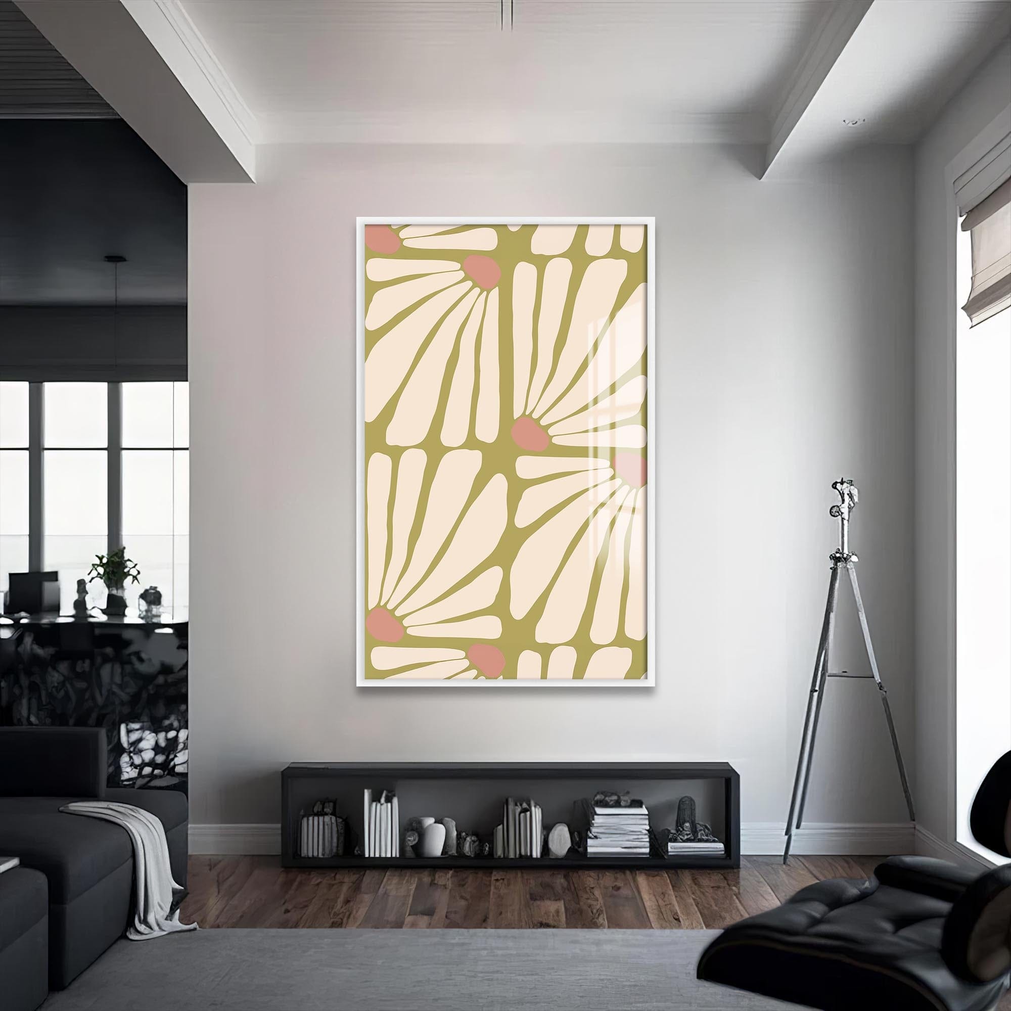 Artronauts Glass Print S | 72x46 cm | 28.3"x18.1" / White Daisy Pattern Flow– Bohemian Tempered Glass Wall Art