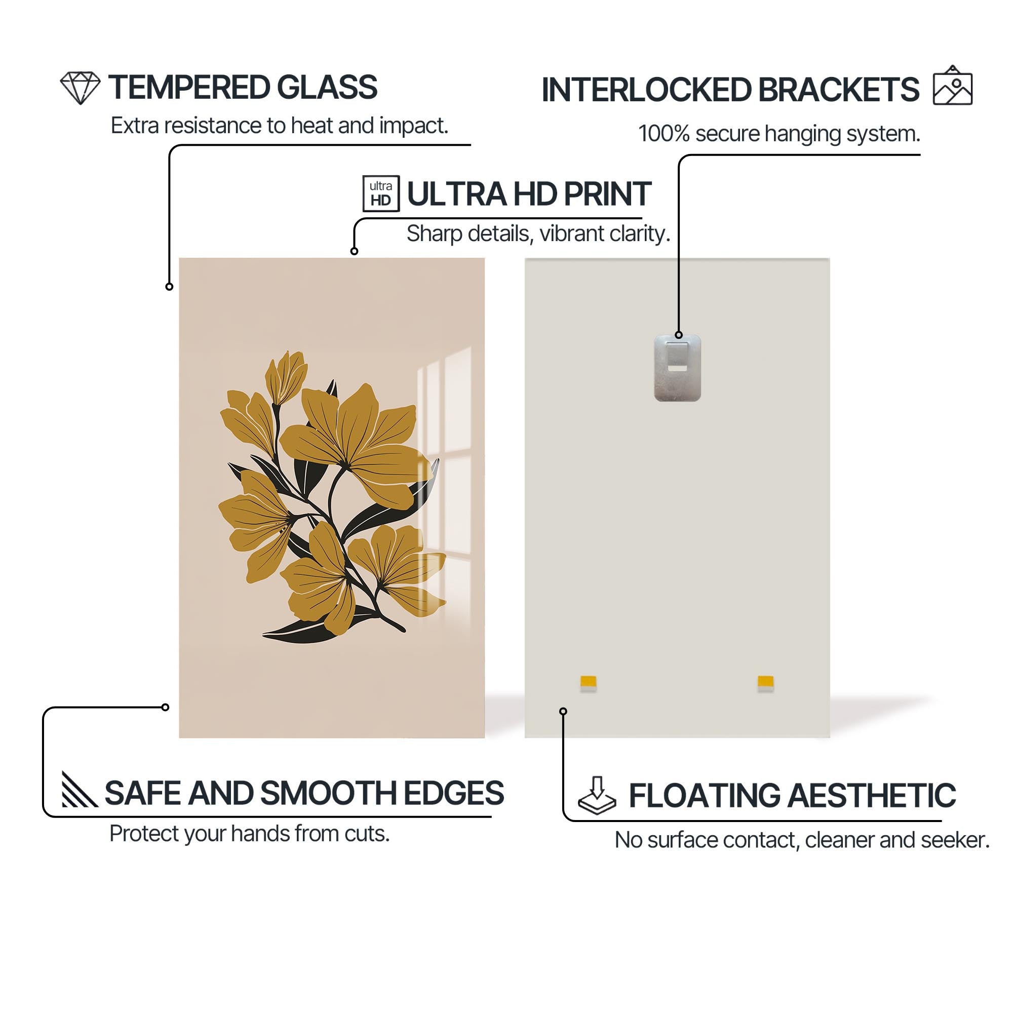 Amber Floral Lines– Bohemian Tempered Glass Wall Art