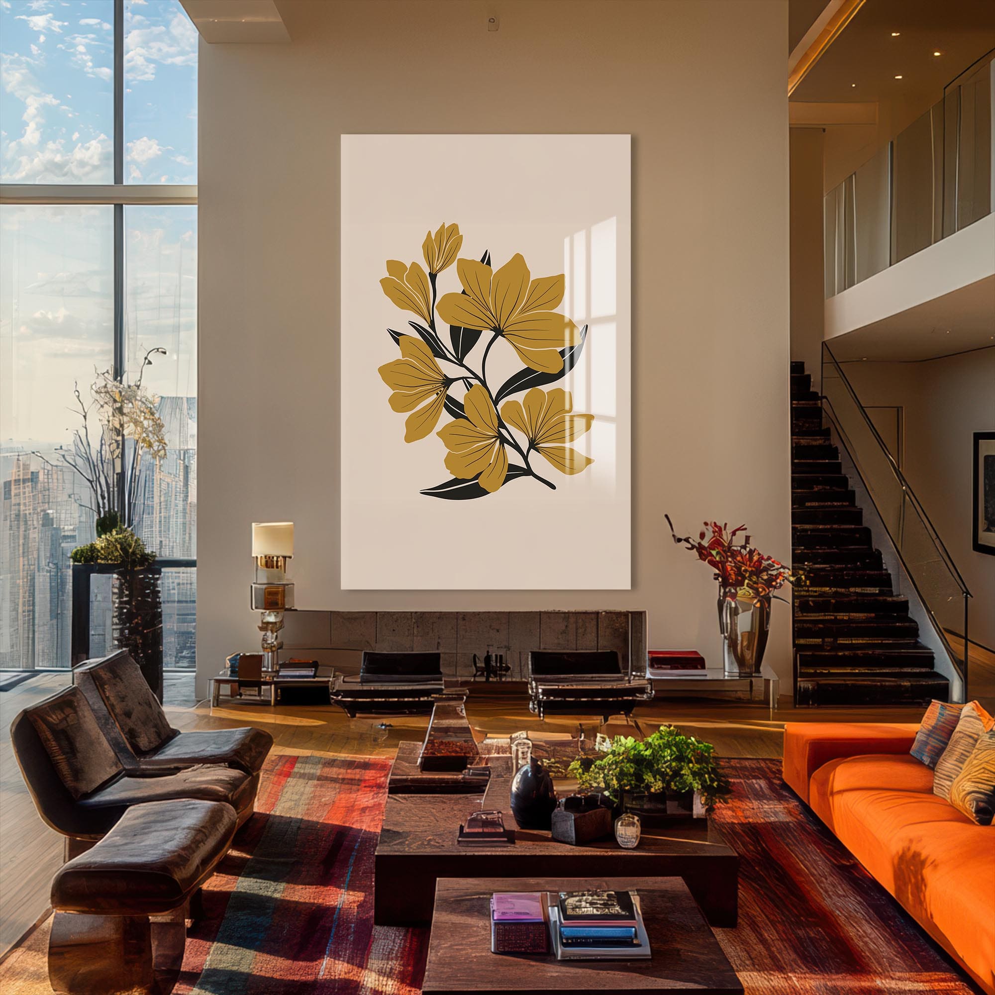 Artronauts Glass Print Amber Floral Lines– Bohemian Tempered Glass Wall Art