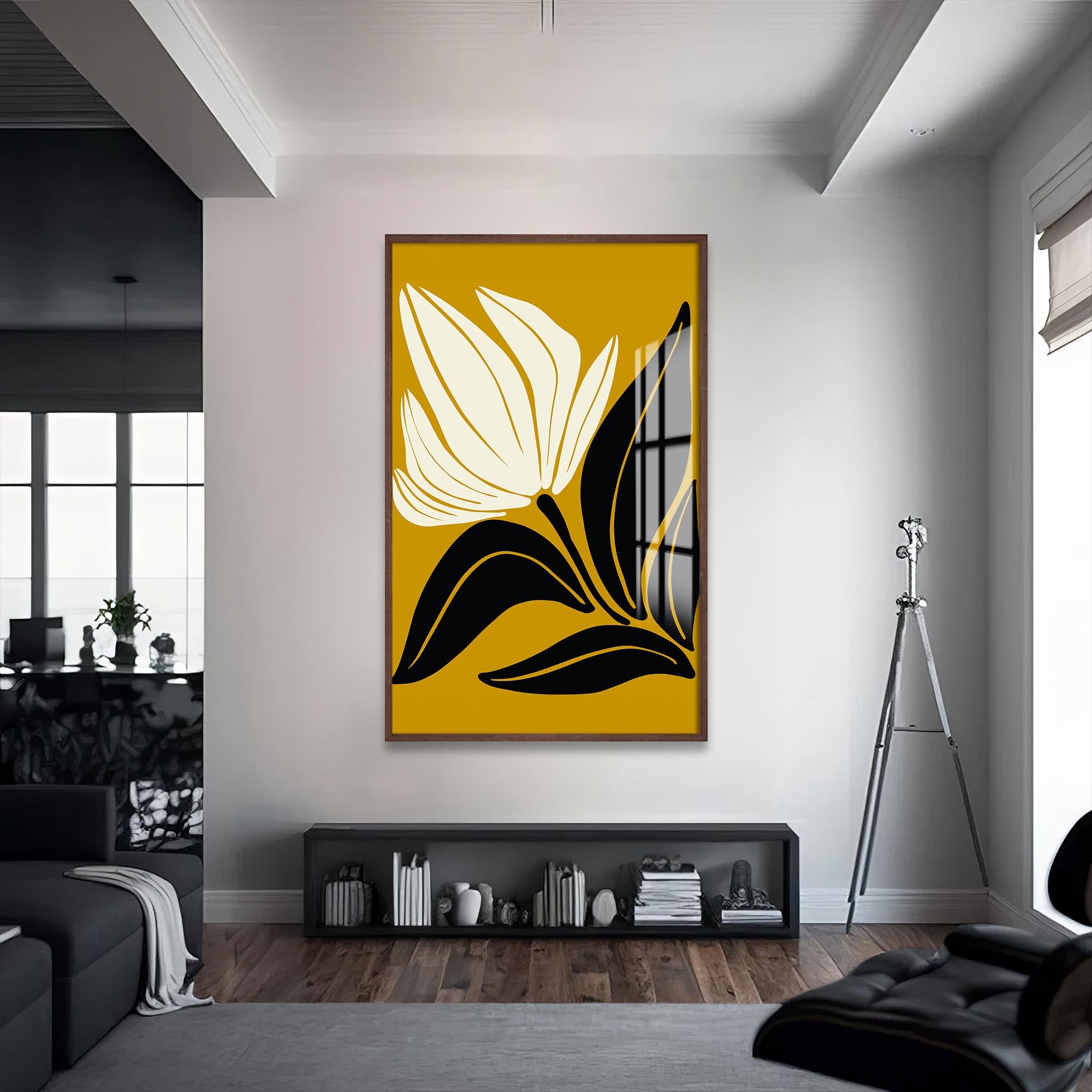 Artronauts Glass Print S | 72x46 cm | 28.3"x18.1" / Walnut Golden Petal Silhouette– Bohemian Tempered Glass Wall Art