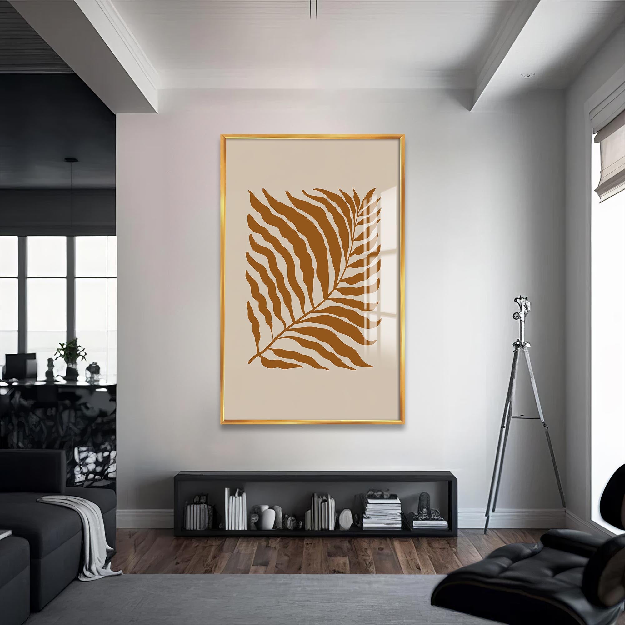 Artronauts Glass Print S | 72x46 cm | 28.3"x18.1" / Gold Sand Fern Silhouette– Bohemian Tempered Glass Wall Art