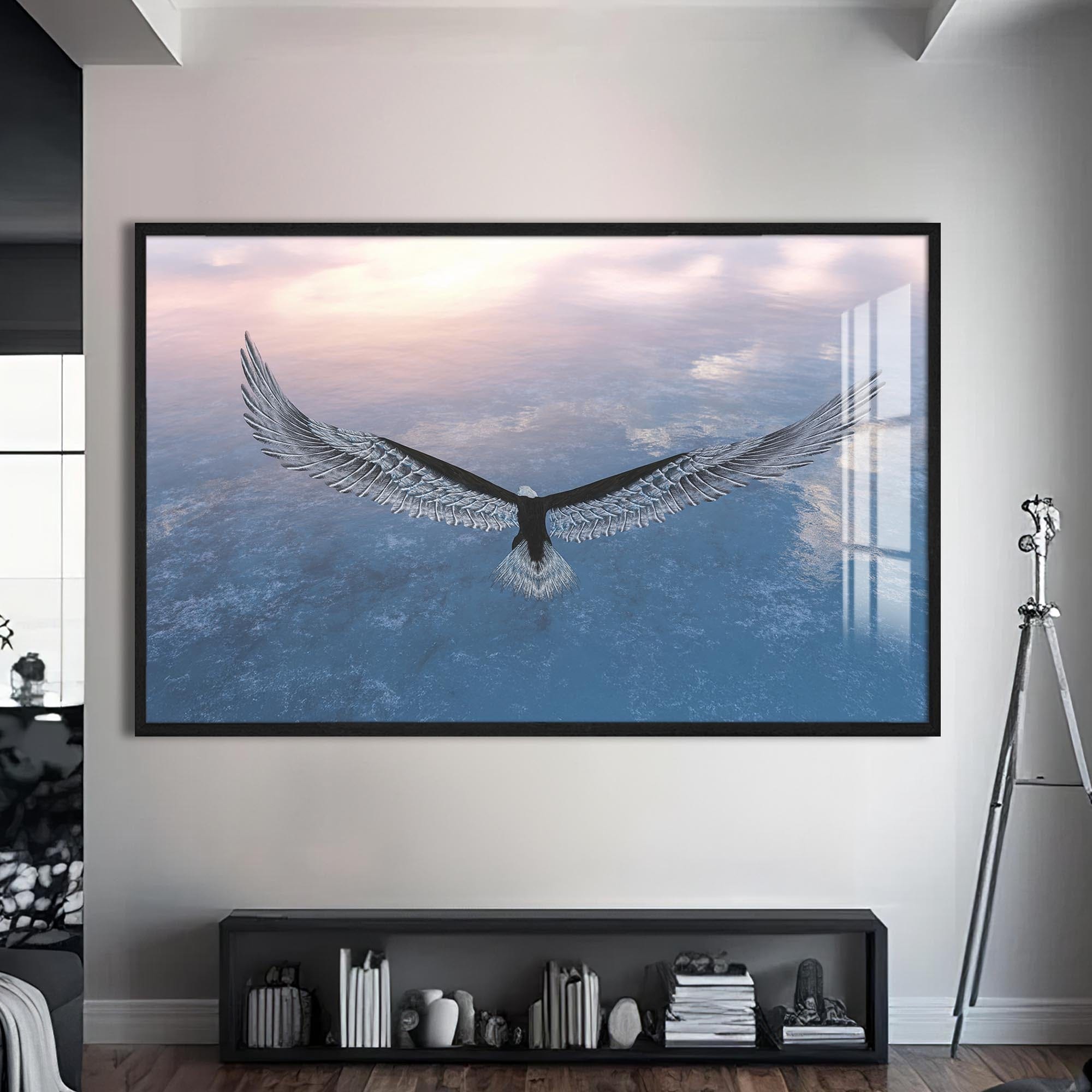 Artronauts Glass Print S | 72x46 cm | 28.3"x18.1" / Black Soaring Eagle Above the Clouds – Animal Tempered Glass Wall Art