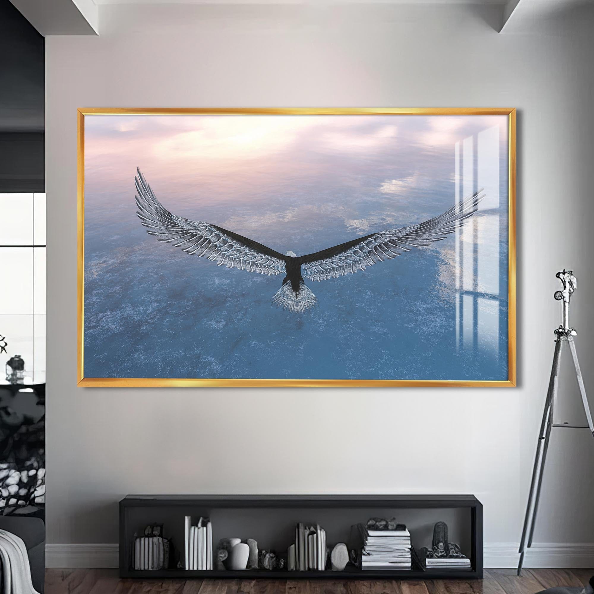 Artronauts Glass Print S | 72x46 cm | 28.3"x18.1" / Gold Soaring Eagle Above the Clouds – Animal Tempered Glass Wall Art