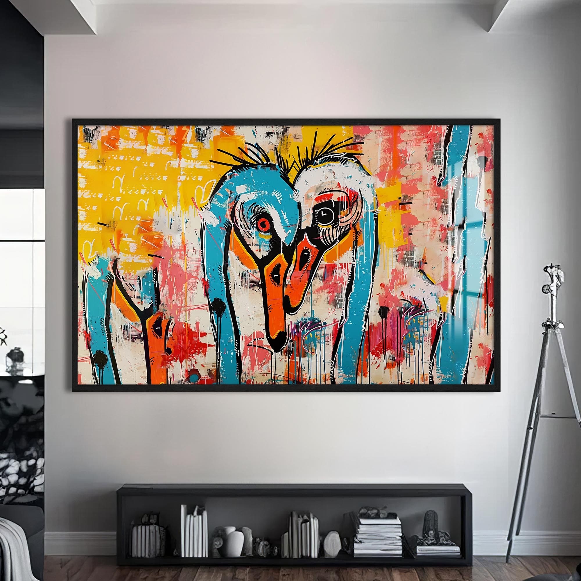 Artronauts Glass Print S | 72x46 cm | 28.3"x18.1" / Black Abstract Crane Duo – Animal Tempered Glass Wall Art