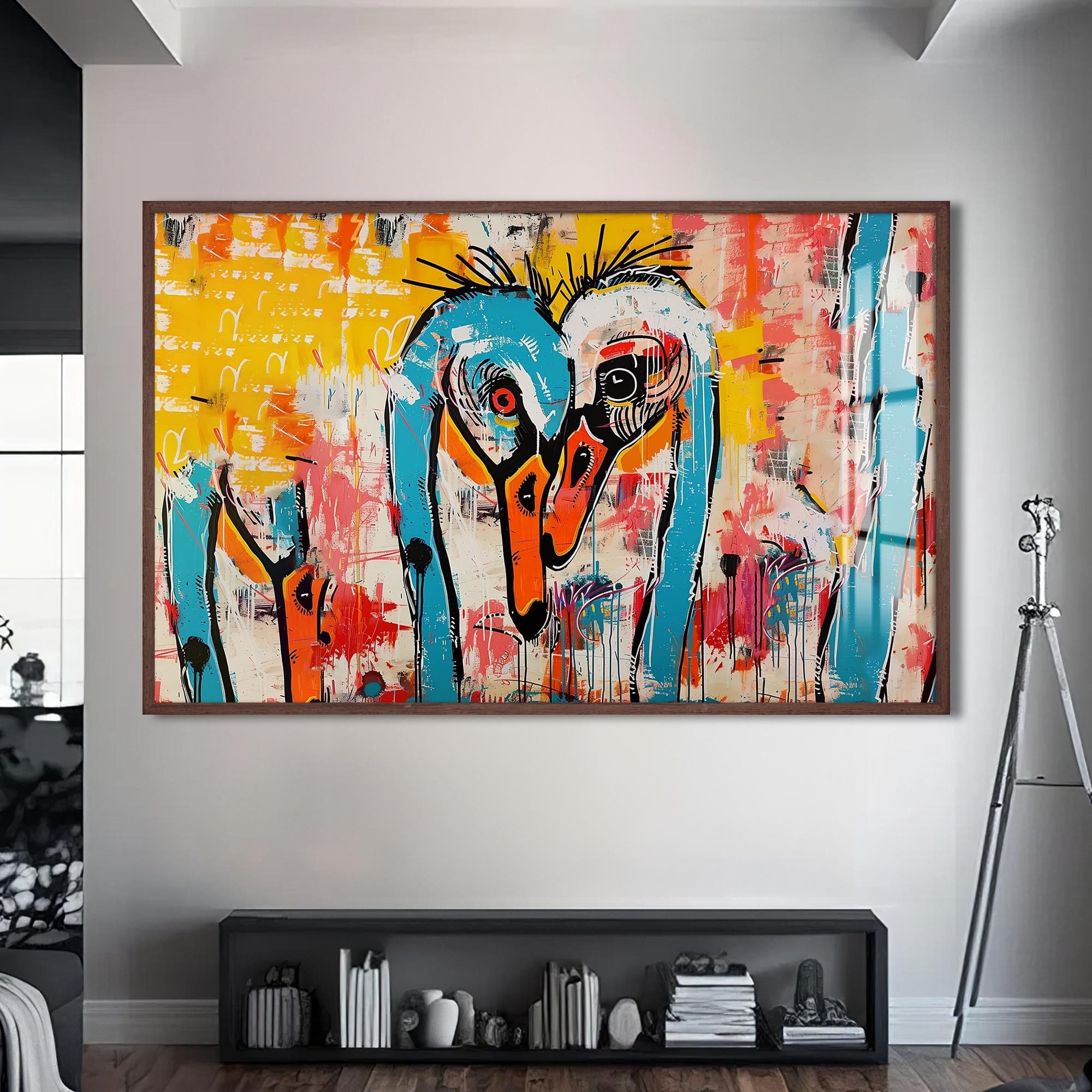 Artronauts Glass Print S | 72x46 cm | 28.3"x18.1" / Walnut Abstract Crane Duo – Animal Tempered Glass Wall Art