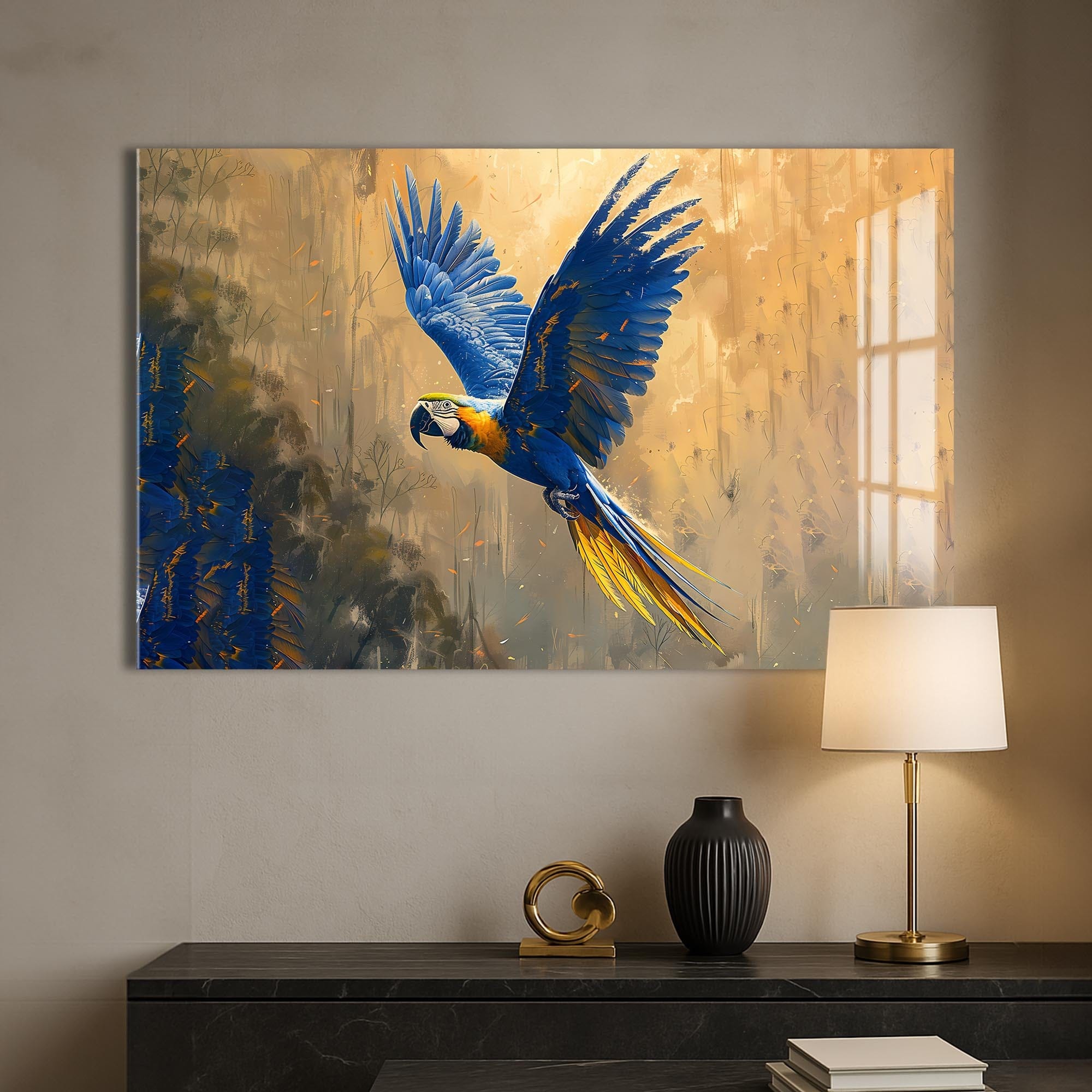 Artronauts Glass Print Blue Macaw in Flight – Animal Tempered Glass Wall Art