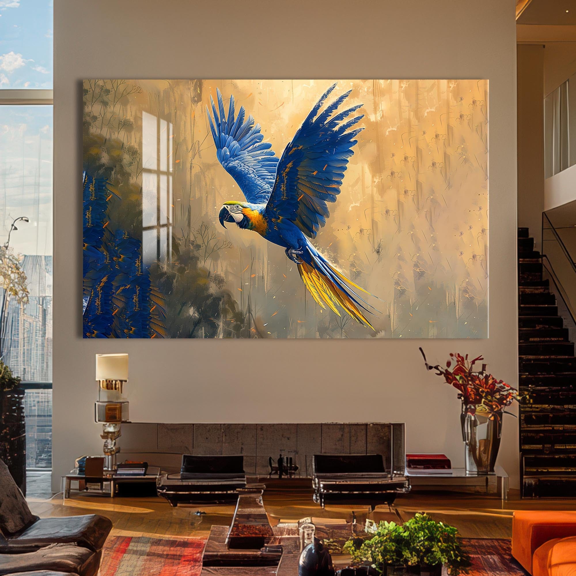 Artronauts Glass Print Blue Macaw in Flight – Animal Tempered Glass Wall Art